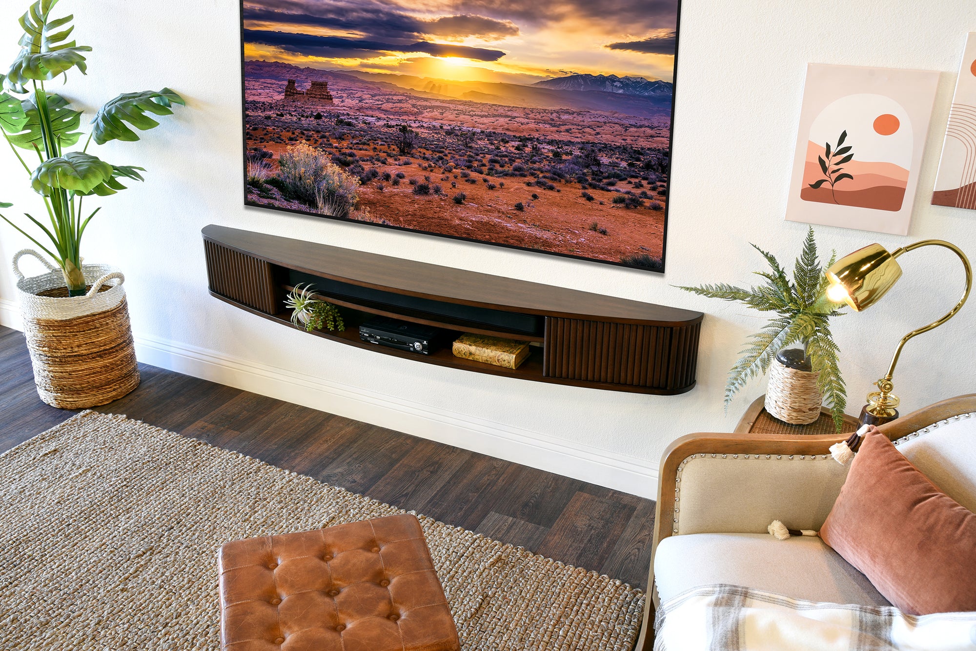 Floating TV Stand Curved Wall Mount 72" Console - Arc - Russet Brown