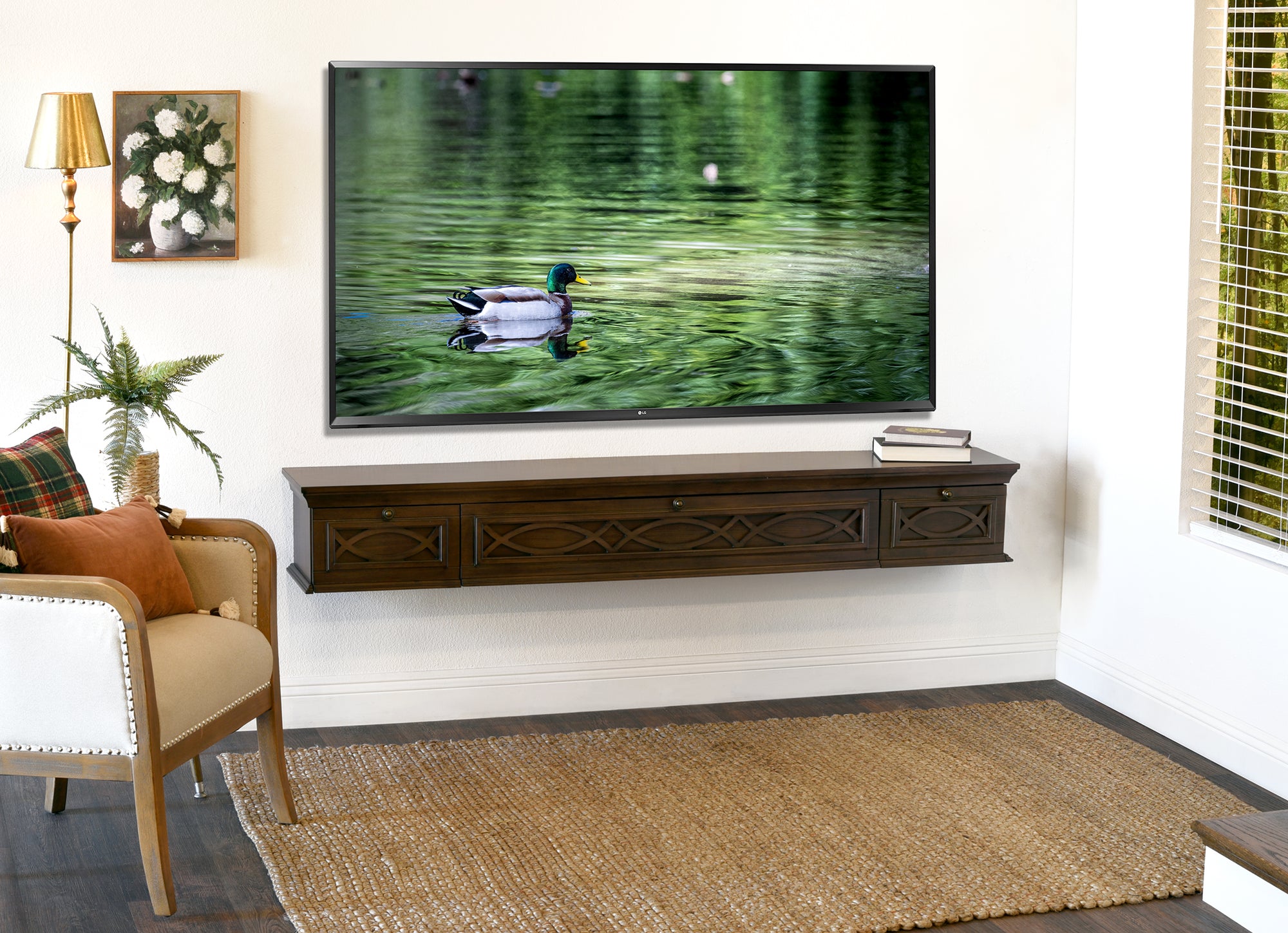 Traditional Handcrafted 72" Floating TV Stand Media Fireplace Mantel Console - Galilee - Espresso
