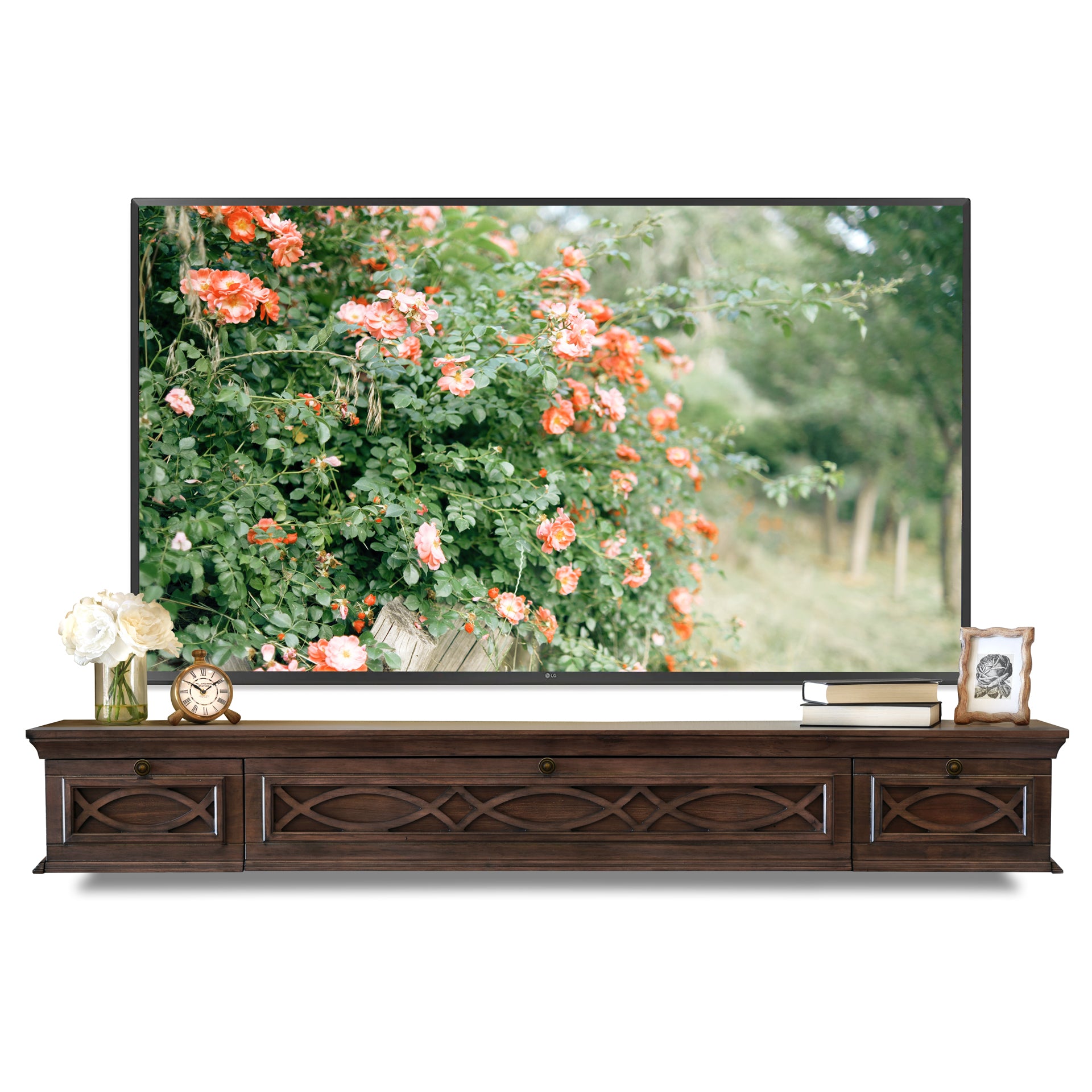 Traditional Handcrafted 72" Floating TV Stand Media Fireplace Mantel Console - Galilee - Espresso