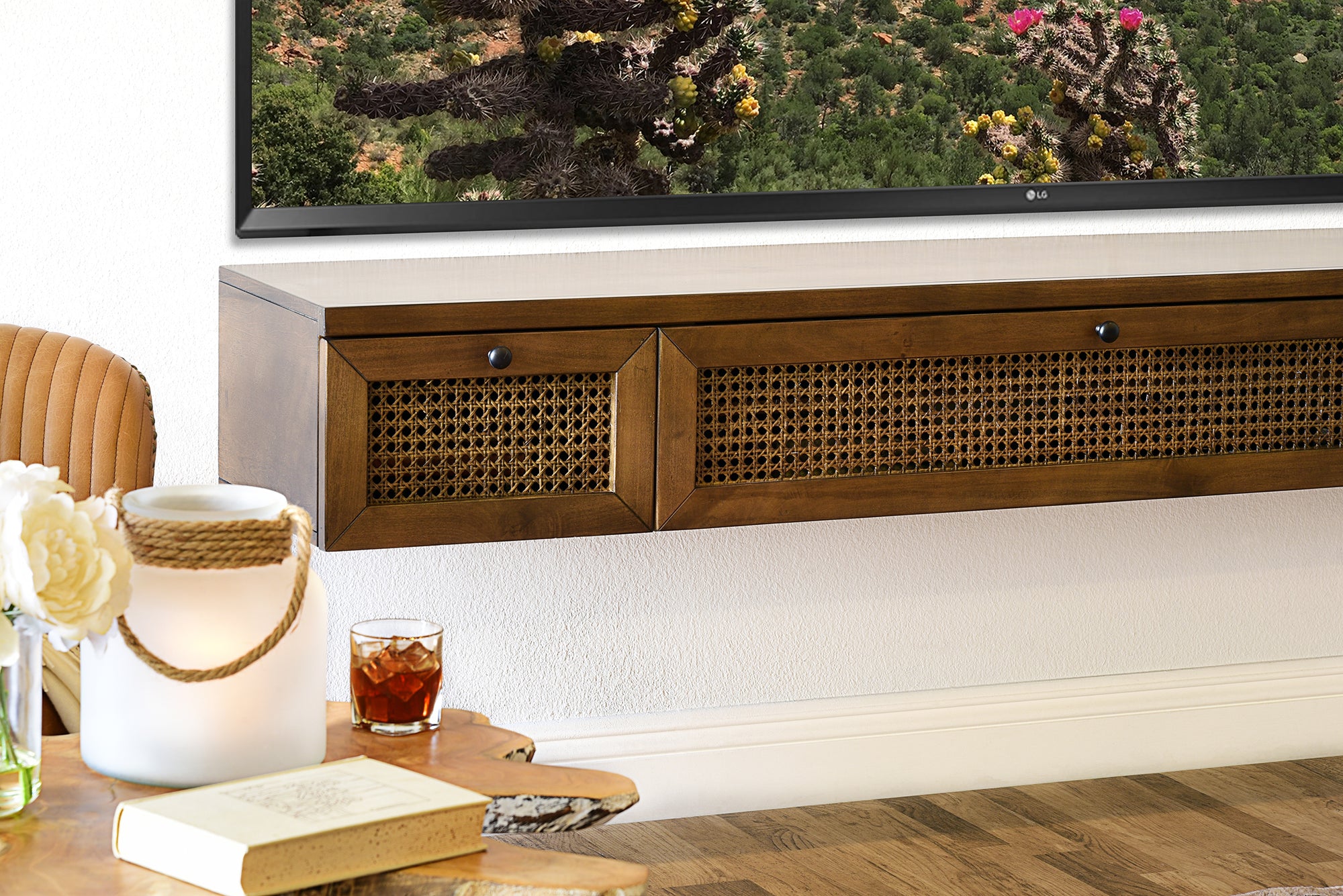 Floating TV Stand - Cane Wall Mount Entertainment Center Console - Sugar Cane - Spice