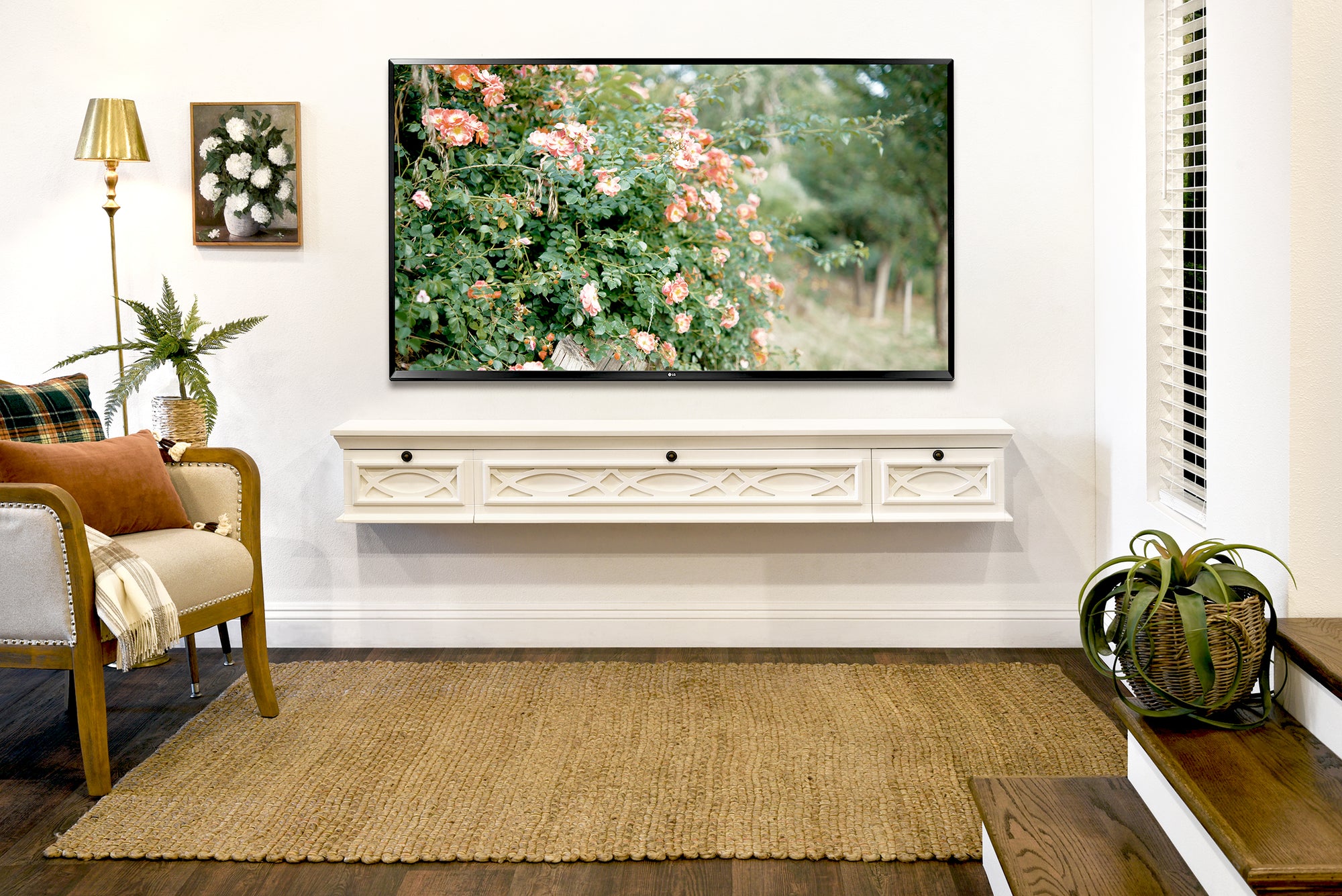 White Traditional Handcrafted 72" Floating TV Stand Wall Mount Media Fireplace Mantel Console - Galilee - Swiss Coffee