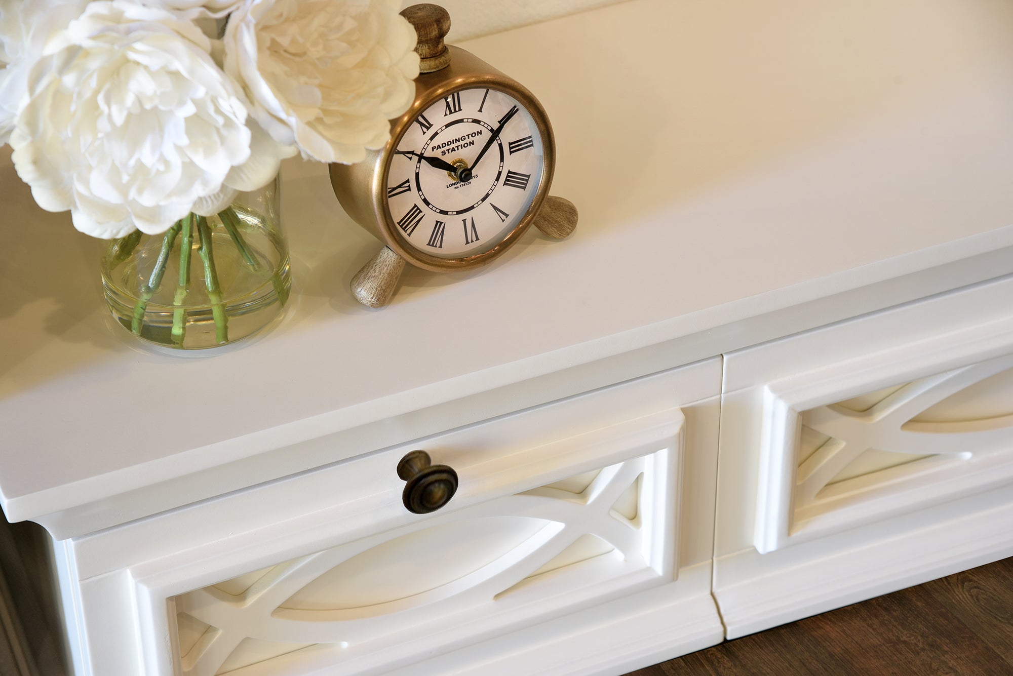 White Traditional Handcrafted 72" Floating TV Stand Wall Mount Media Fireplace Mantel Console - Galilee - Swiss Coffee