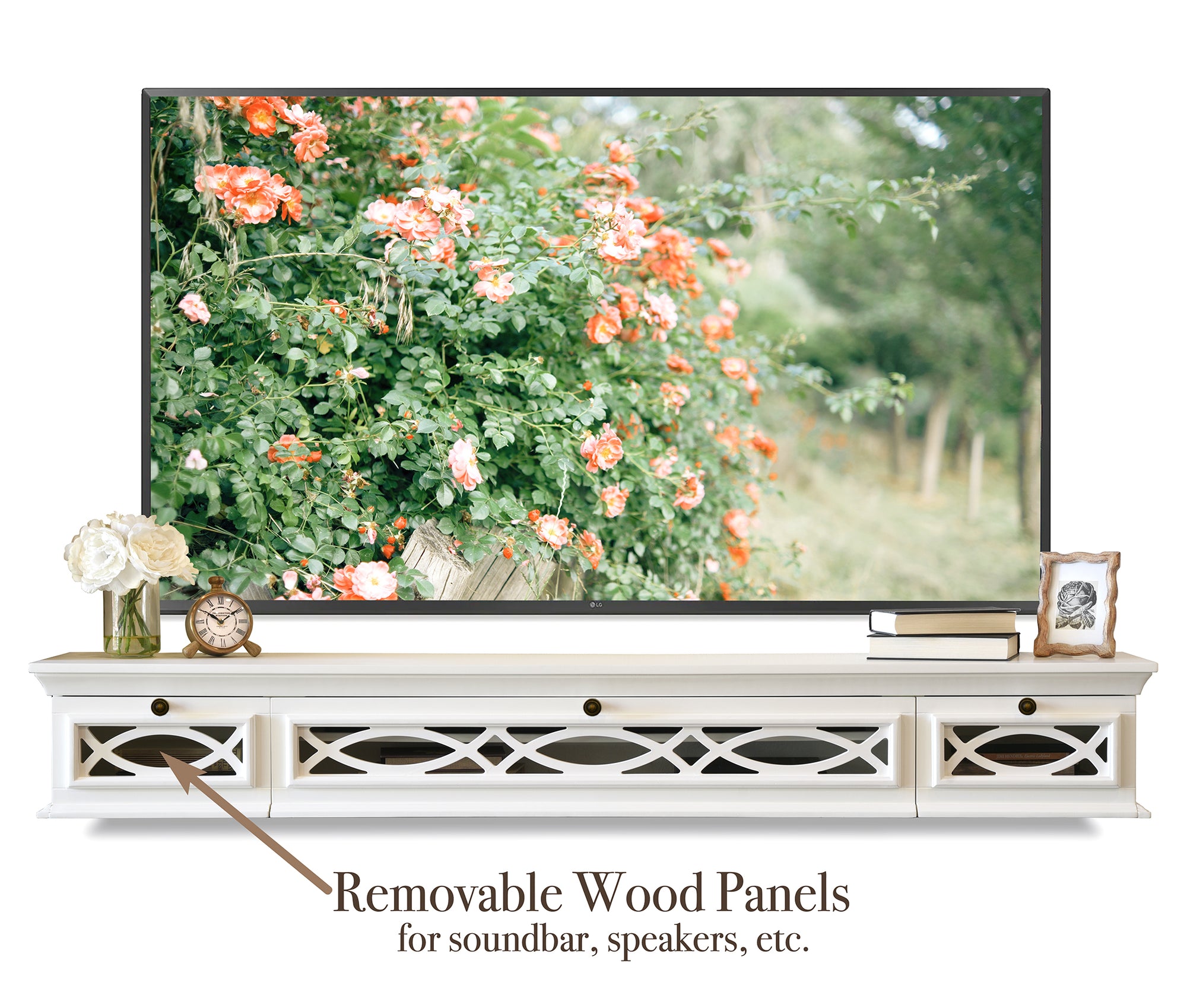White Traditional Handcrafted 72" Floating TV Stand Wall Mount Media Fireplace Mantel Console - Galilee - Swiss Coffee