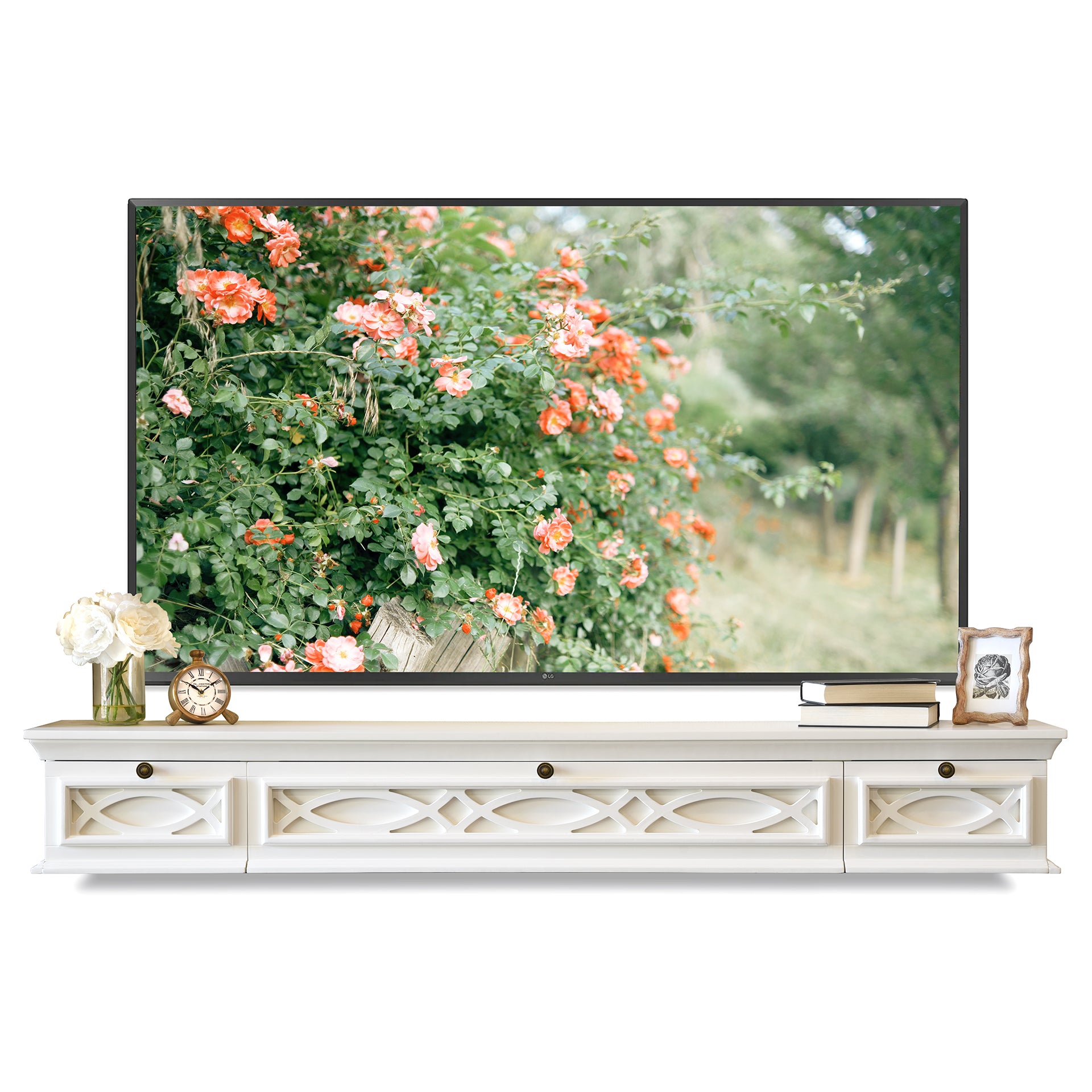 White Traditional Handcrafted 72" Floating TV Stand Wall Mount Media Fireplace Mantel Console - Galilee - Swiss Coffee