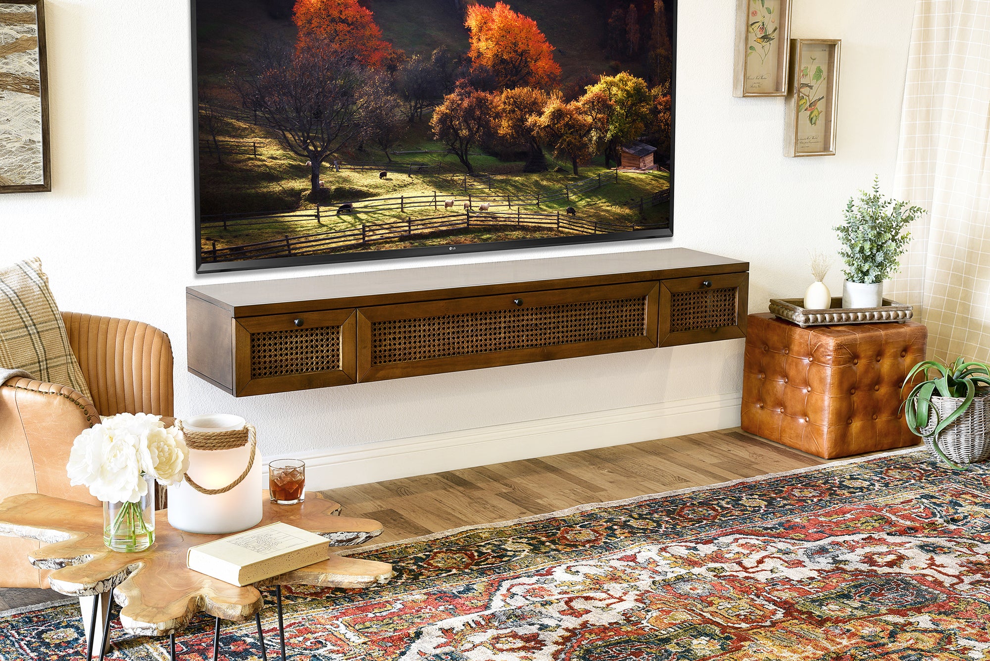 Floating TV Stand - Cane Wall Mount Entertainment Center Console - Sugar Cane - Spice