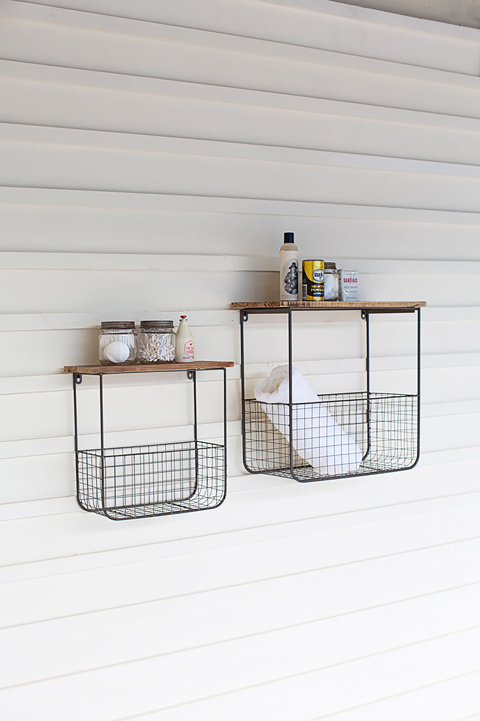 Wire Basket Wall Shelf Set With Wood Tops