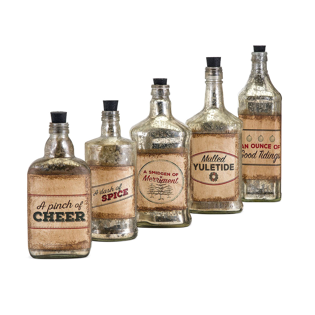 Antiqued Glass Christmas Bottle Decor Assortment - Set of Five