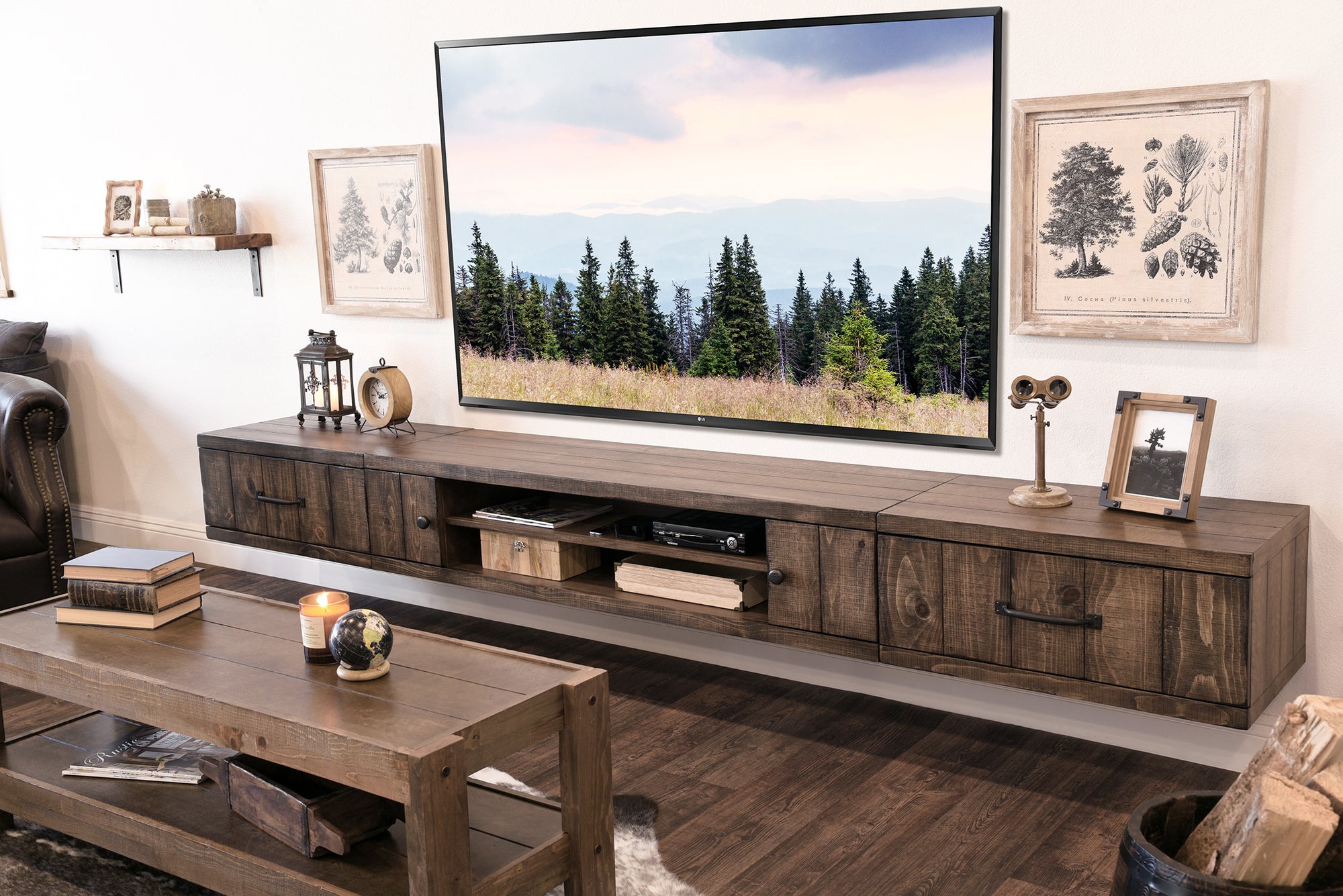 Floating TV Stand - Woodwaves - Rustic Floating Entertainment Center - Farmhouse Collection - Spice