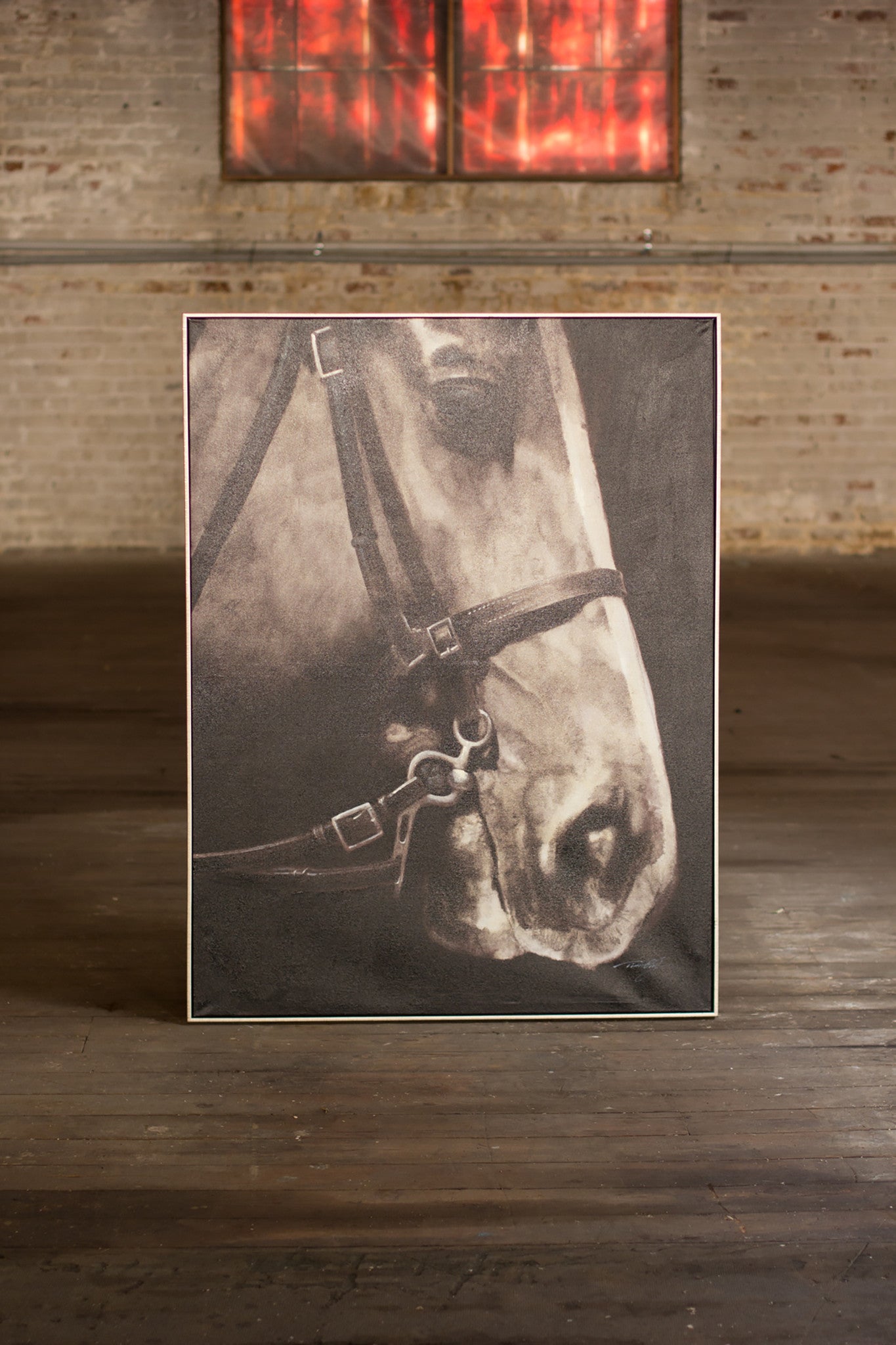 Black and White Horse Side View Oil Painting With Silver Frame