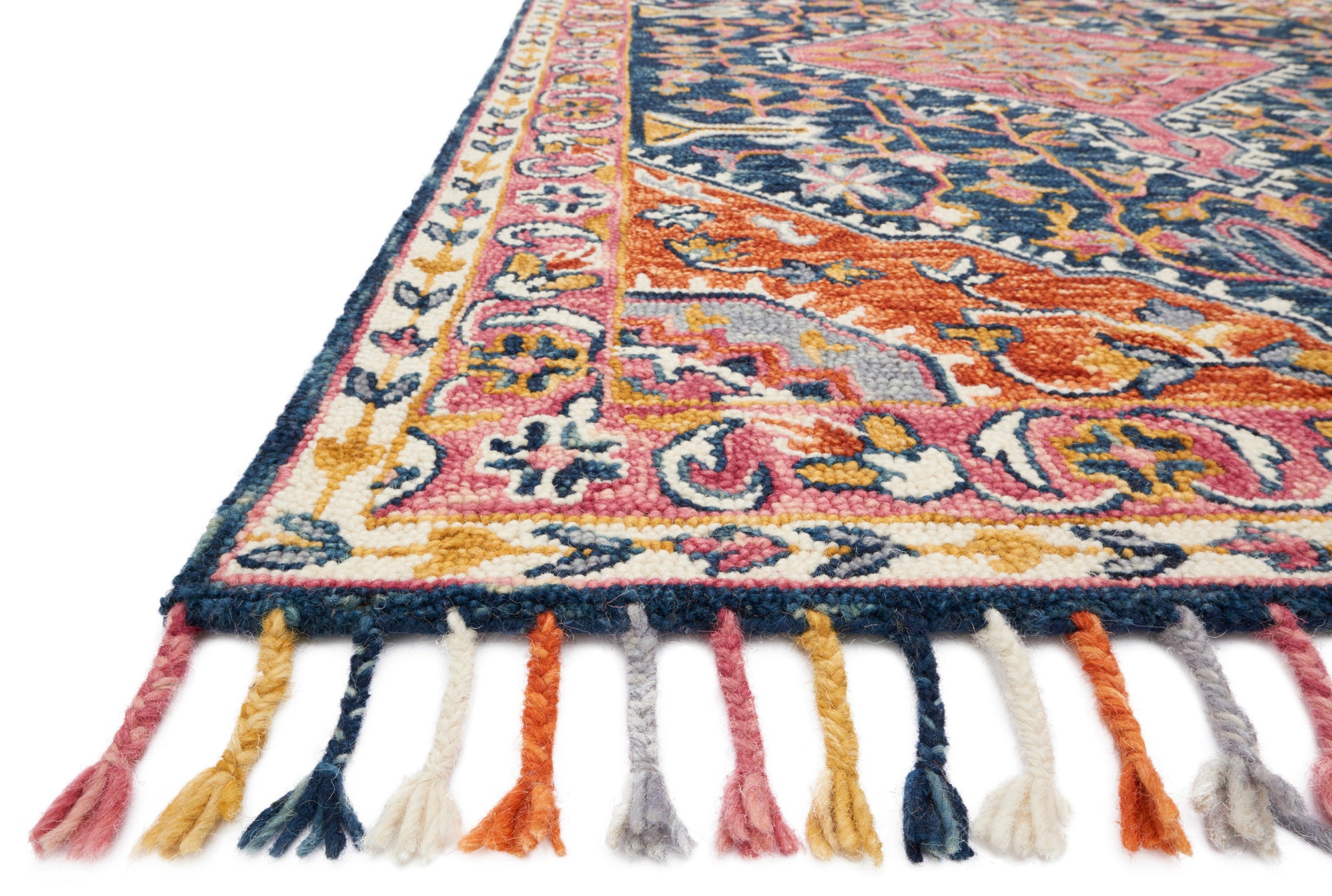 Wool Boho Bohemian Tassel Rug - Pink Orange Blue