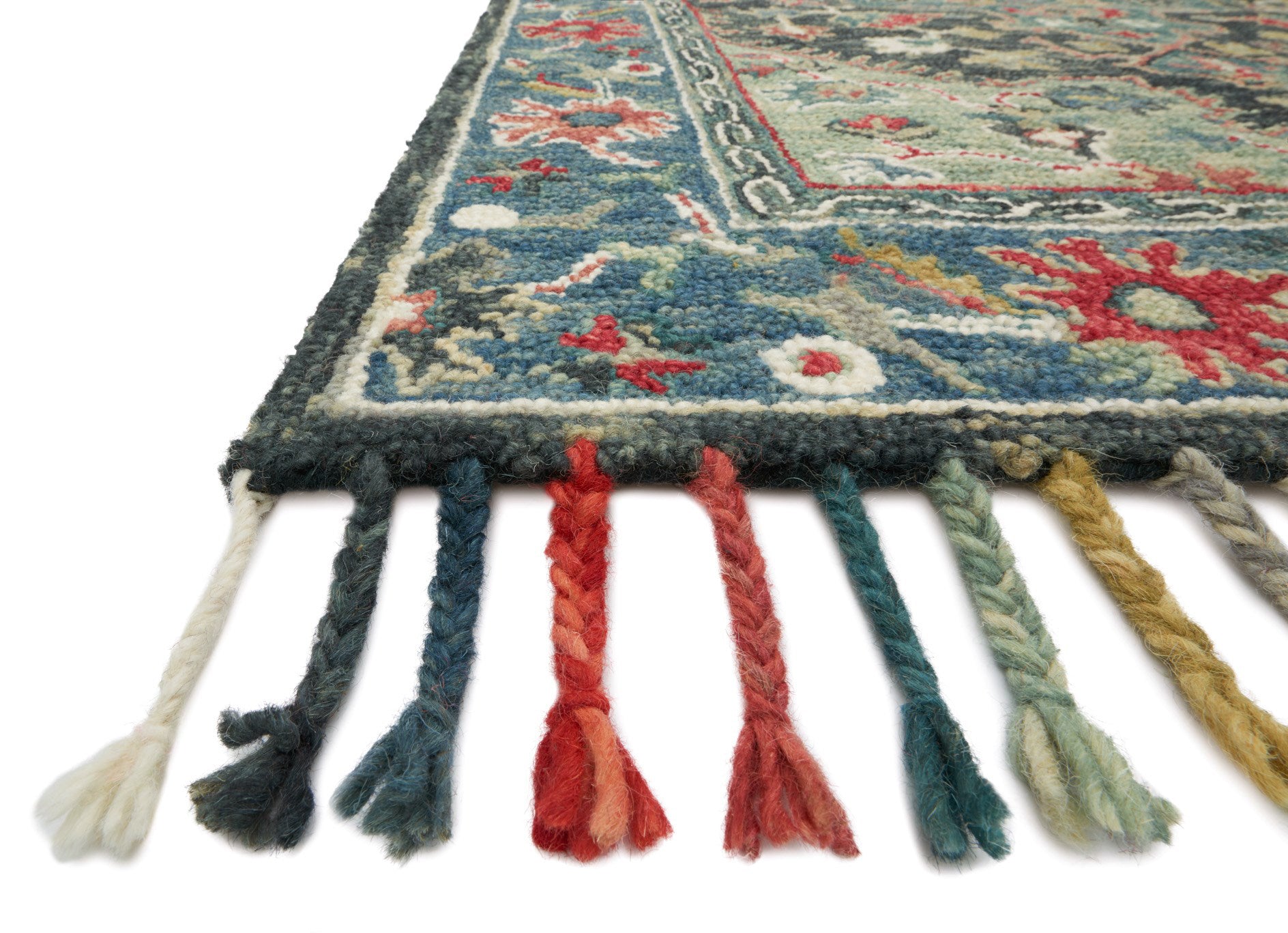 Wool Boho Bohemian Tassel Rug - Navy Blue Red