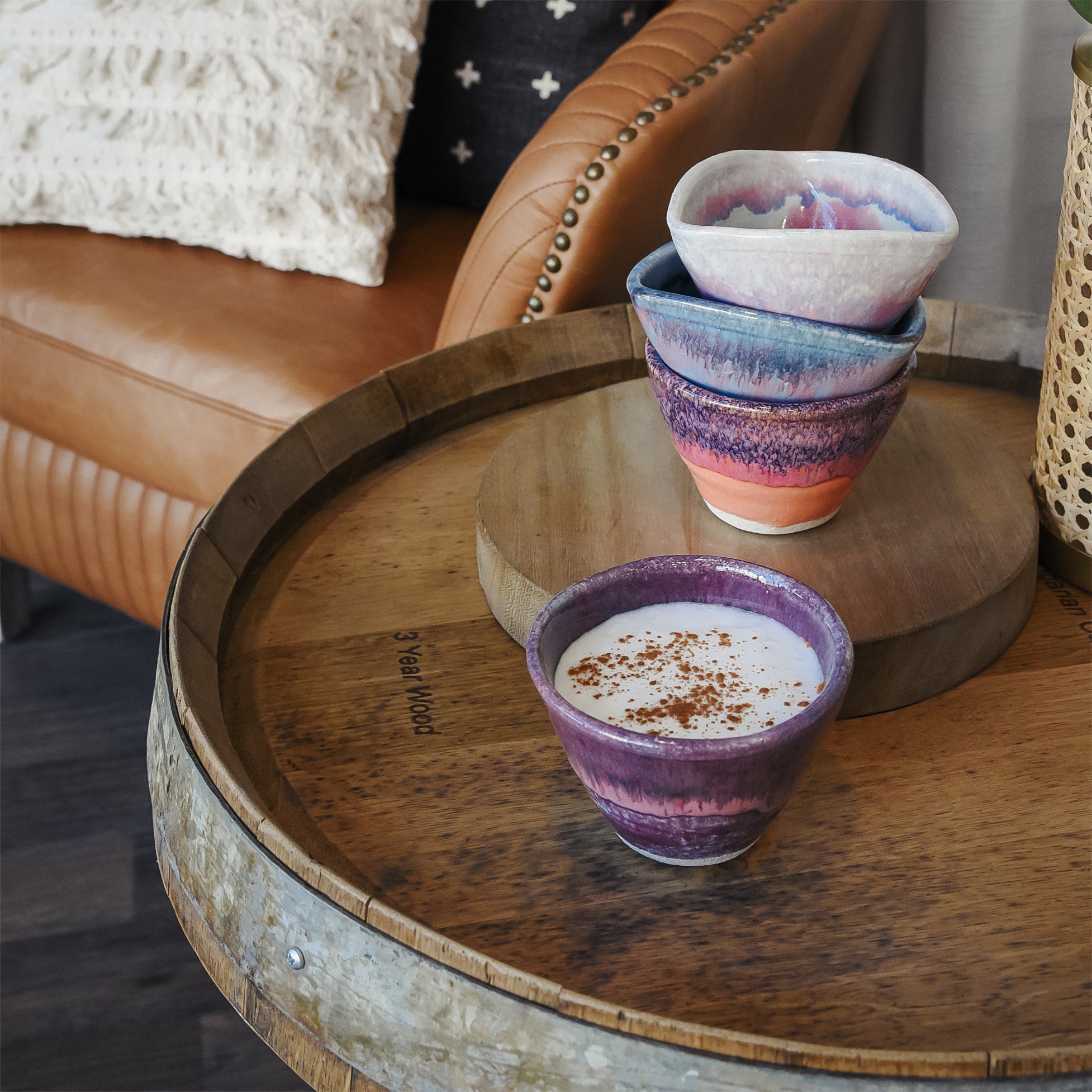 Boho Handmade Pottery Coffee Mugs Tea - Pink Blue White Purple - Set of 4