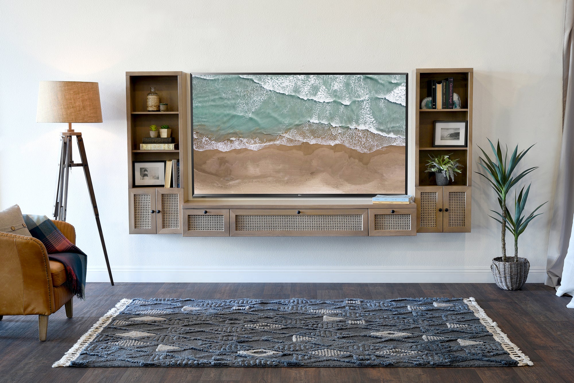 Floating TV Stand - Woodwaves - Floating Entertainment Center Cane Rattan Wicker Console - Sugar Cane Collection - Ginger Taupe