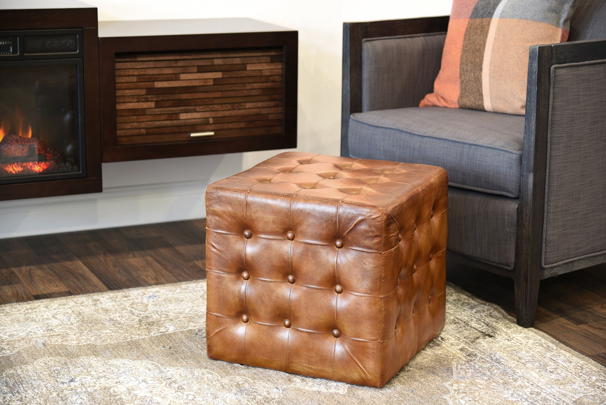 Brown Distressed Leather Ottoman