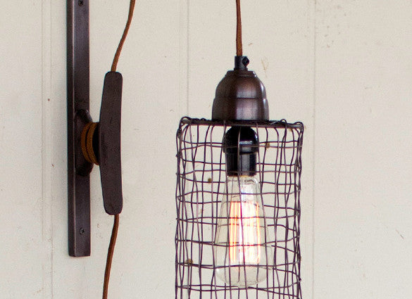 Industrial Modern Edison Cage and Pulley Plug In Wall Sconce