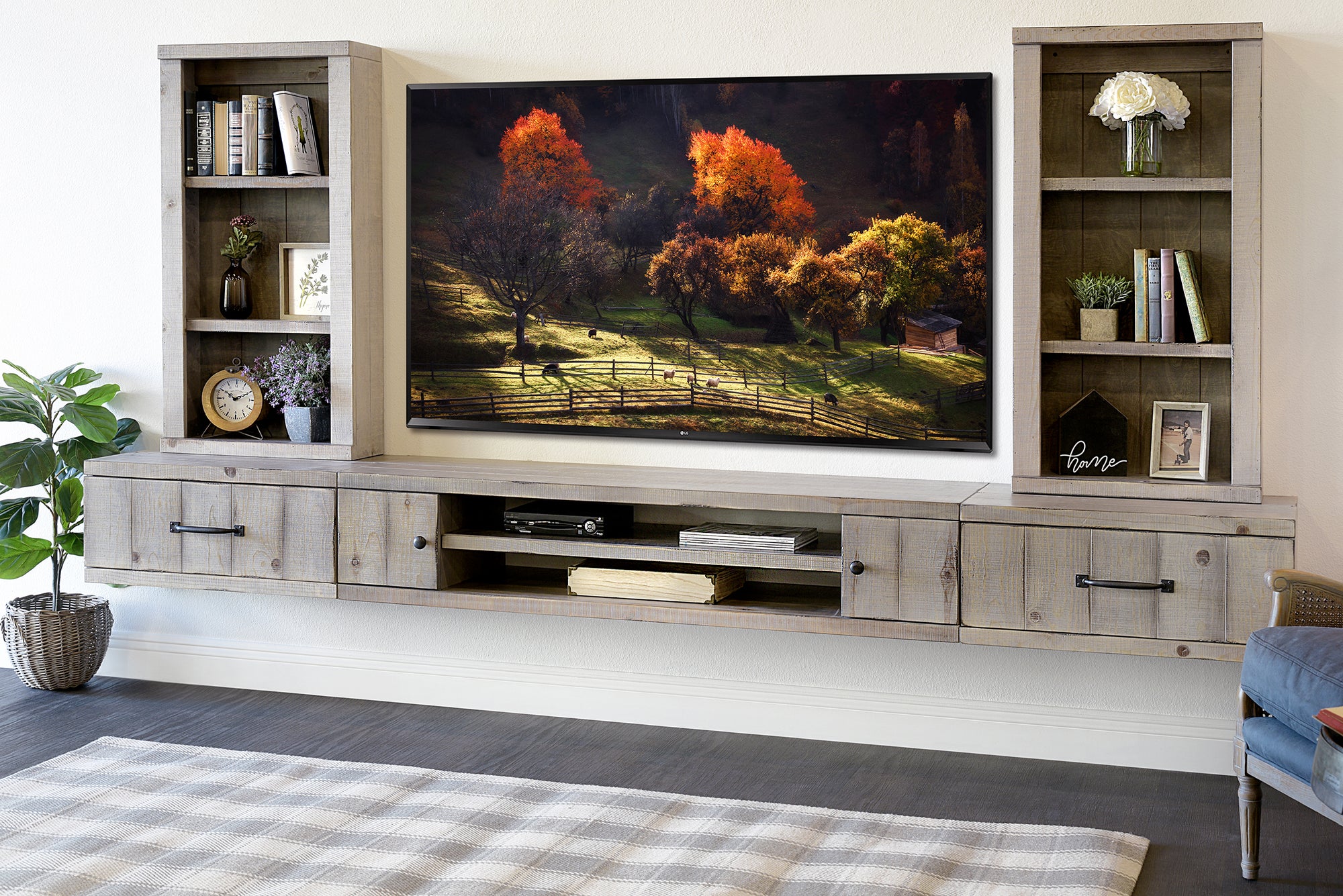 Handmade 114" Rustic Wood Floating TV Stand Wall Mount Entertainment Center - Farmhouse - Lakewood Gray