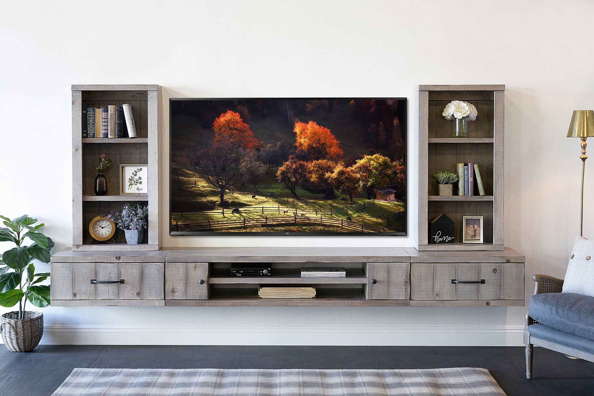 Handmade 114" Rustic Wood Floating TV Stand Wall Mount Entertainment Center - Farmhouse - Lakewood Gray