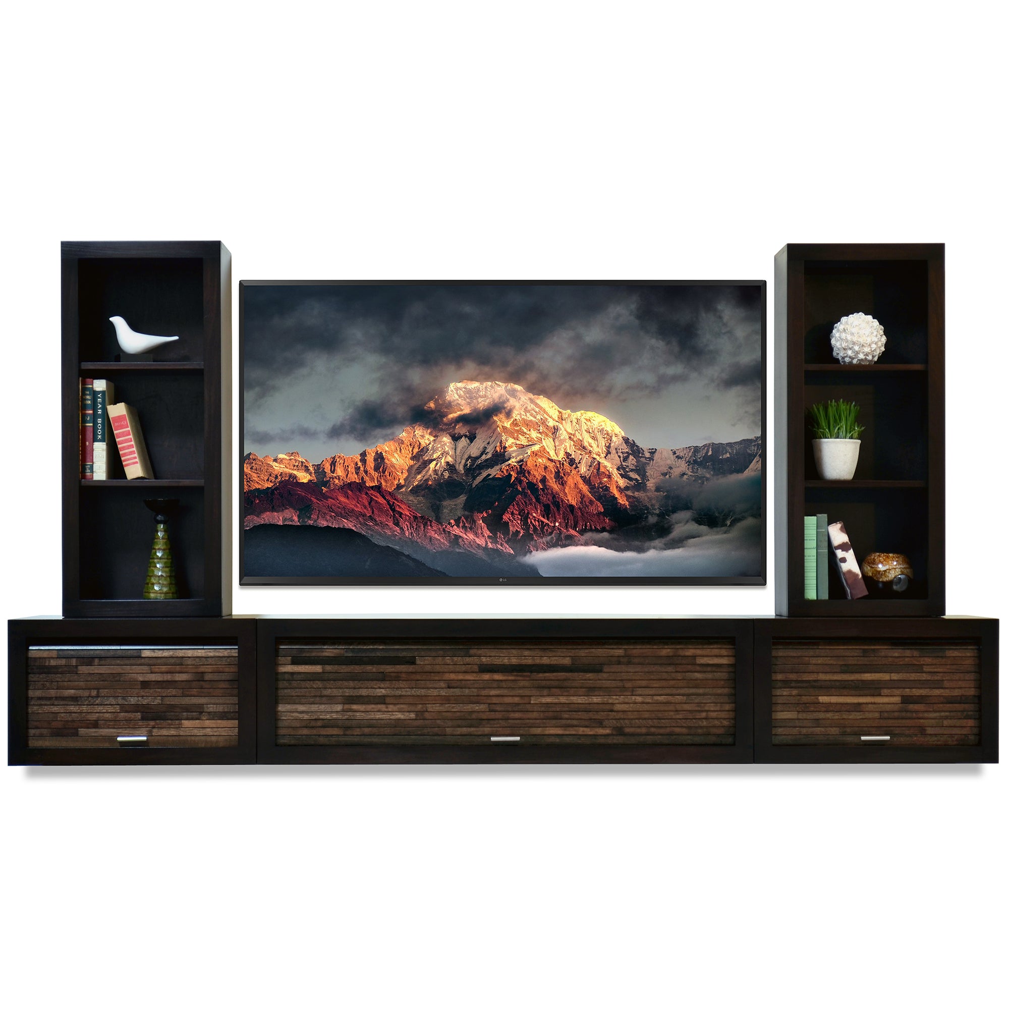 Handcrafted Wood Floating TV Stand Entertainment Center With Bookcases - ECO GEO - Espresso
