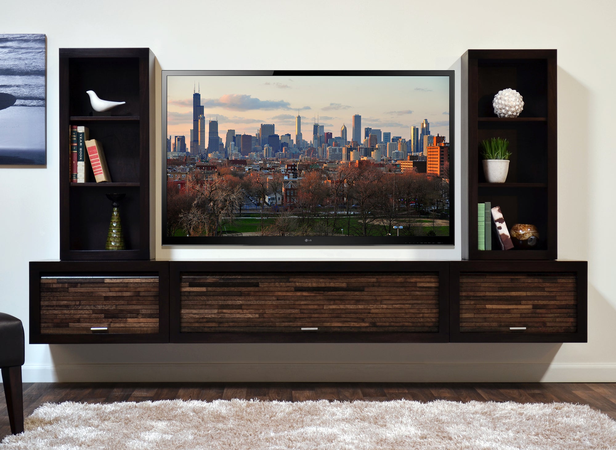 Handcrafted Wood Floating TV Stand Entertainment Center With Bookcases - ECO GEO - Espresso