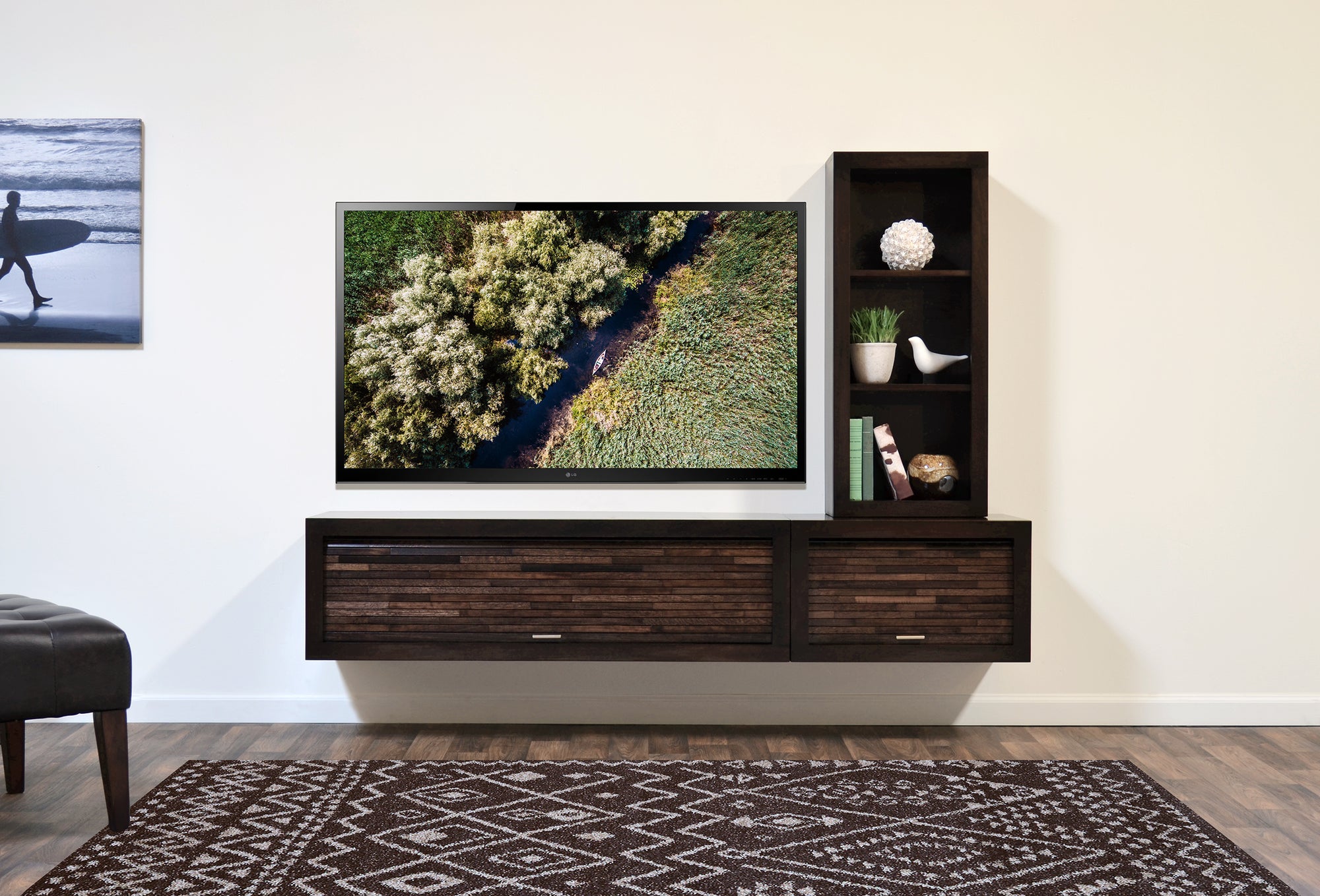 Modern Floating TV Stand With Bookcase - ECO GEO - Espresso