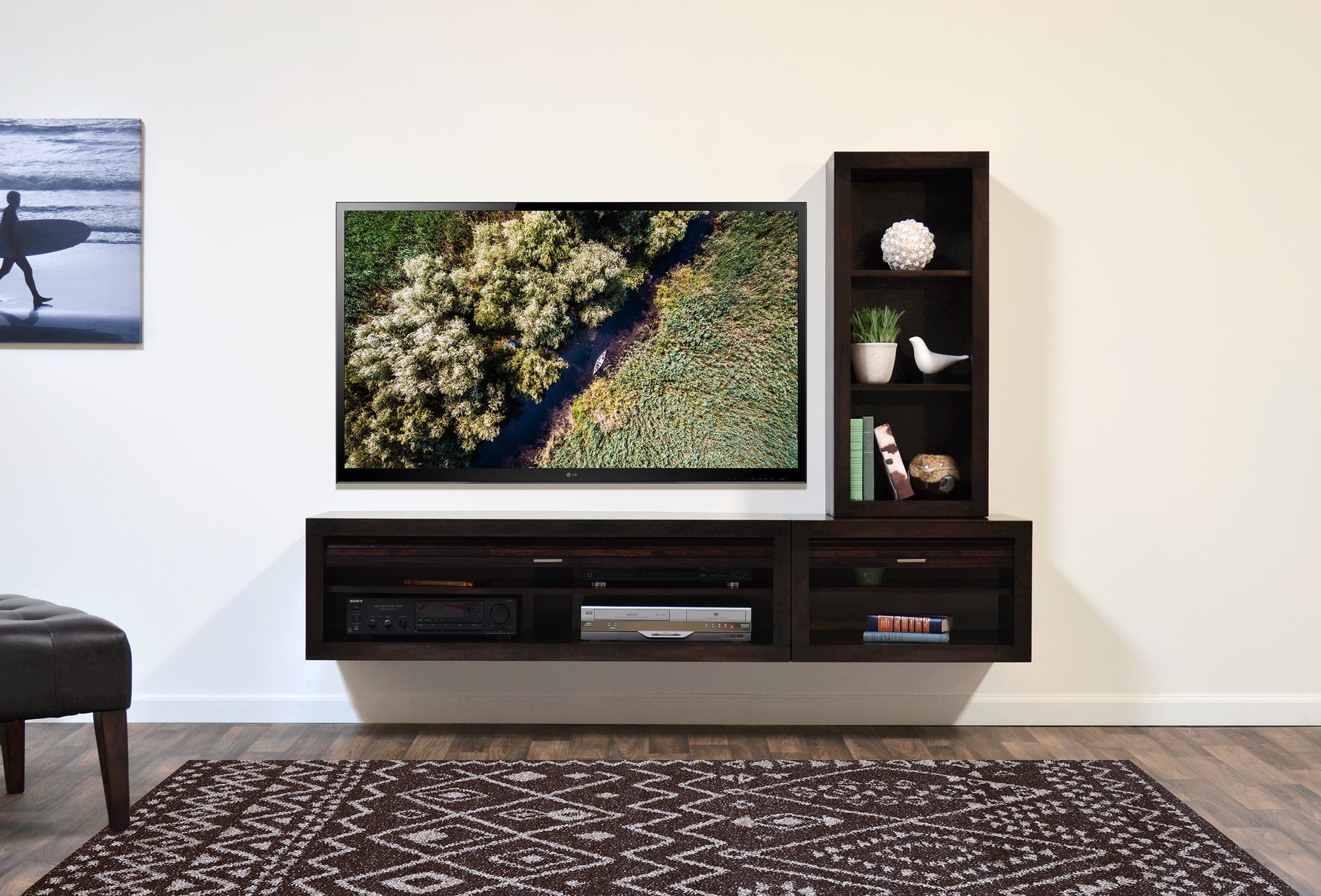 Modern Floating TV Stand With Bookcase - ECO GEO - Espresso