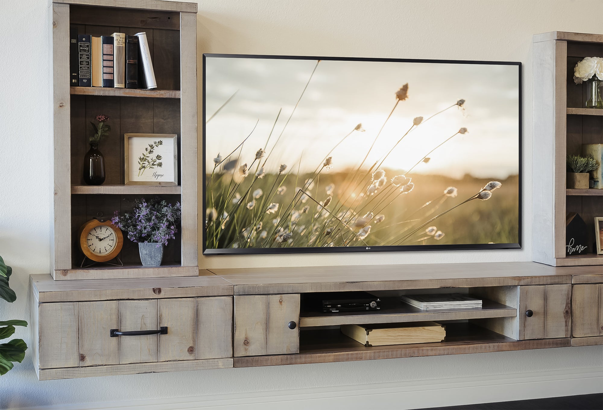 Handmade 114" Rustic Wood Floating TV Stand Wall Mount Entertainment Center - Farmhouse - Lakewood Gray