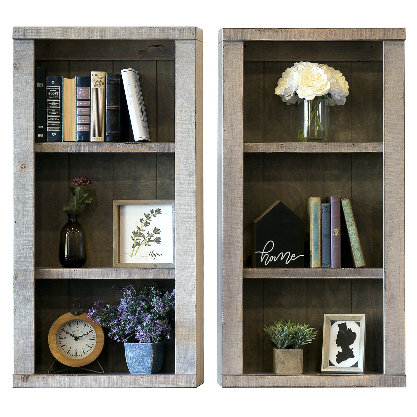 Floating Bookshelf Set - Woodwaves - Rustic Wood Wall Mount Storage Bookcases - Farmhouse Collection - Lakewood Gray
