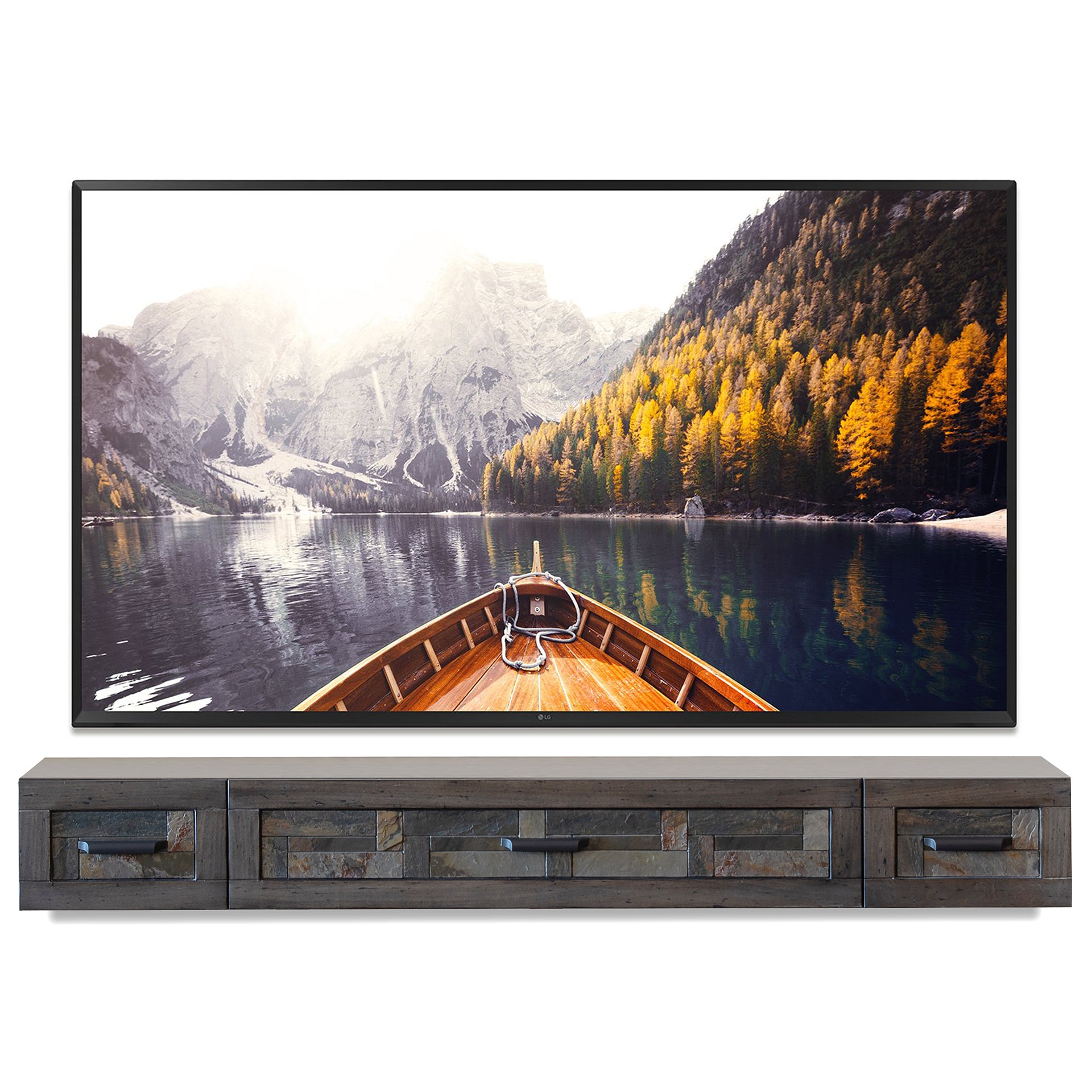Gray Floating TV Stand Stone Inlay Wall Mount Console - Woodstone - Gray Pepper