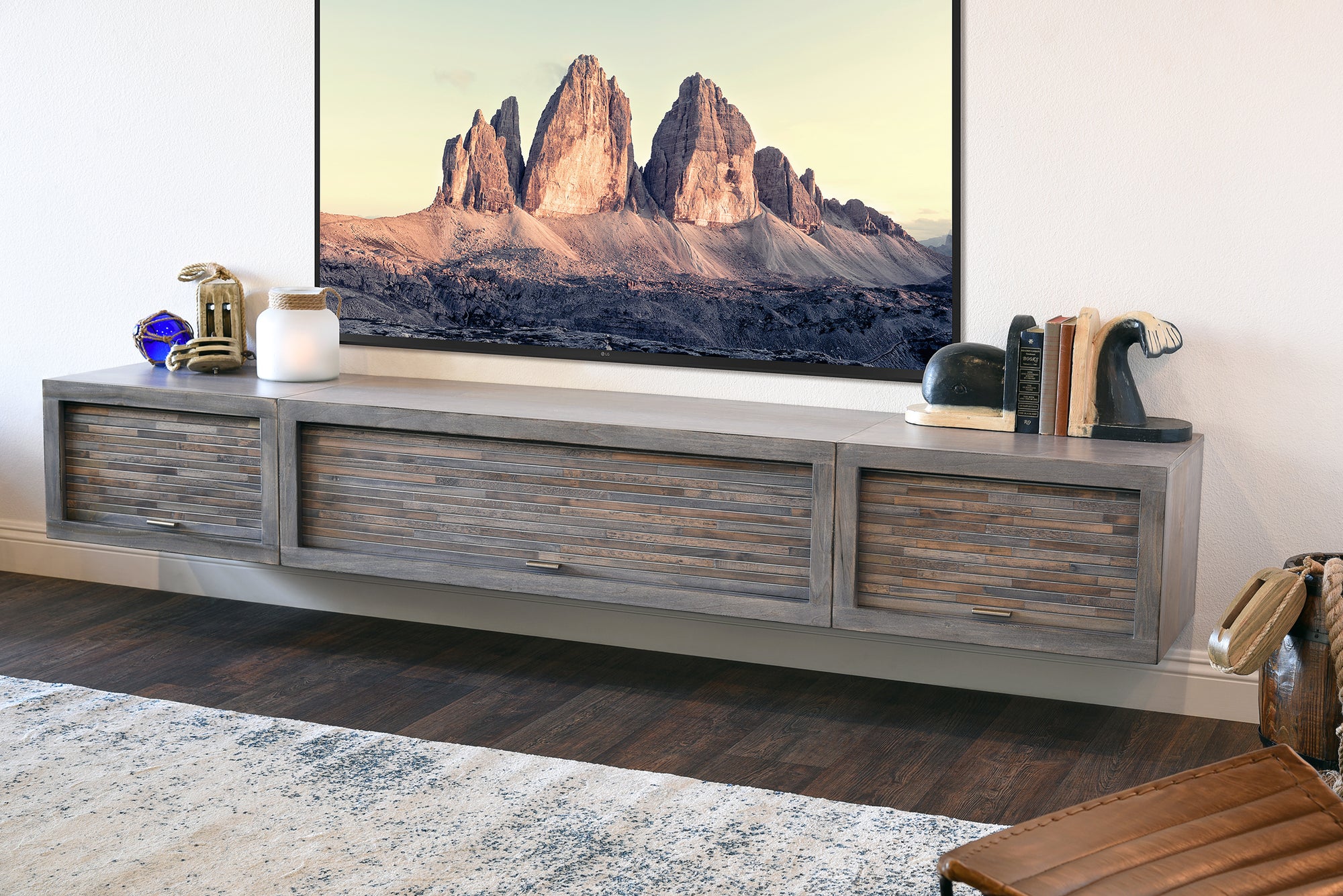 Floating TV Stand - Woodwaves - Modern Floating Entertainment Center - ECO GEO Collection - Lakewood Gray