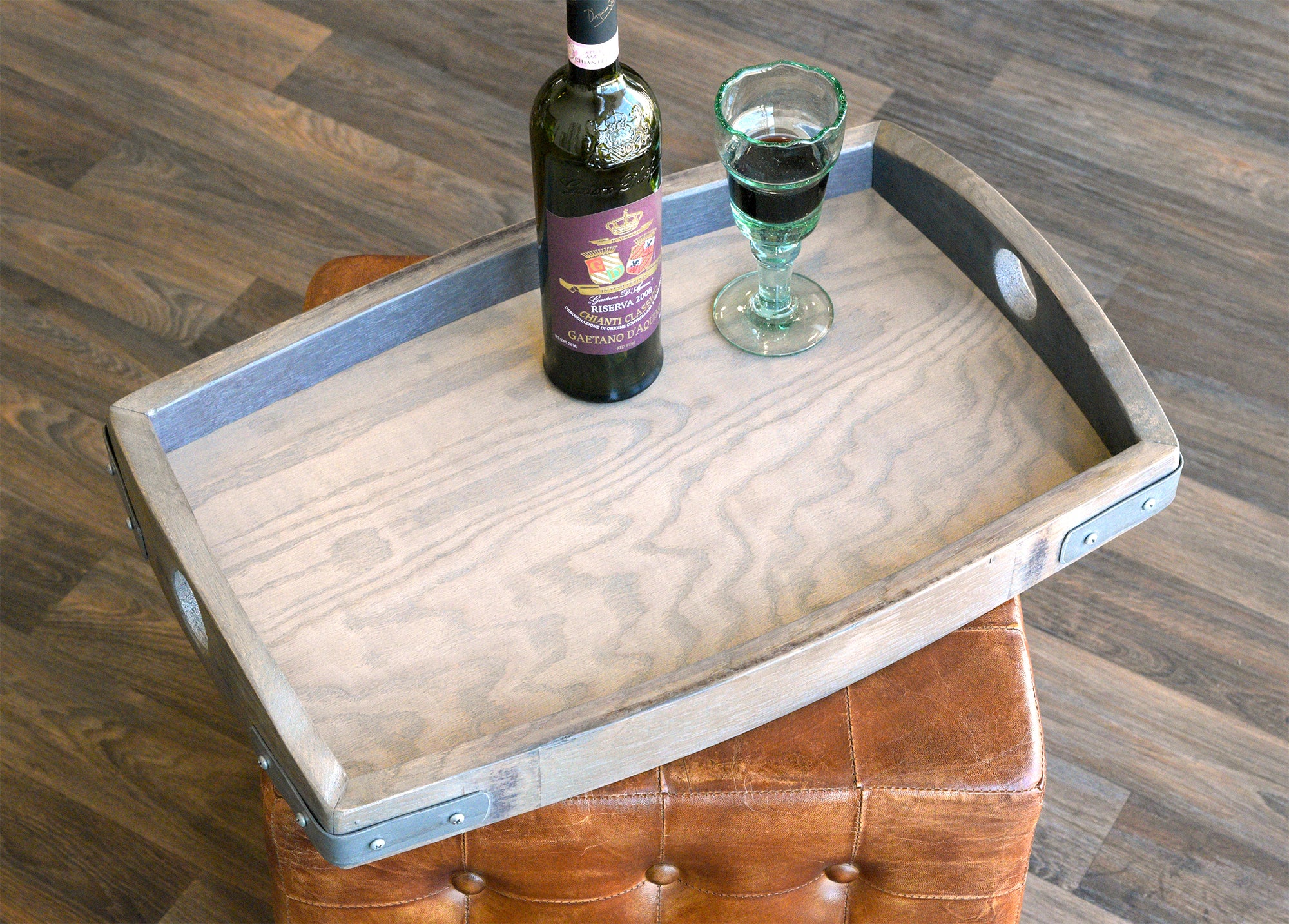 Gray Reclaimed Wood Repurposed Oak Wine Barrel Serving Tray