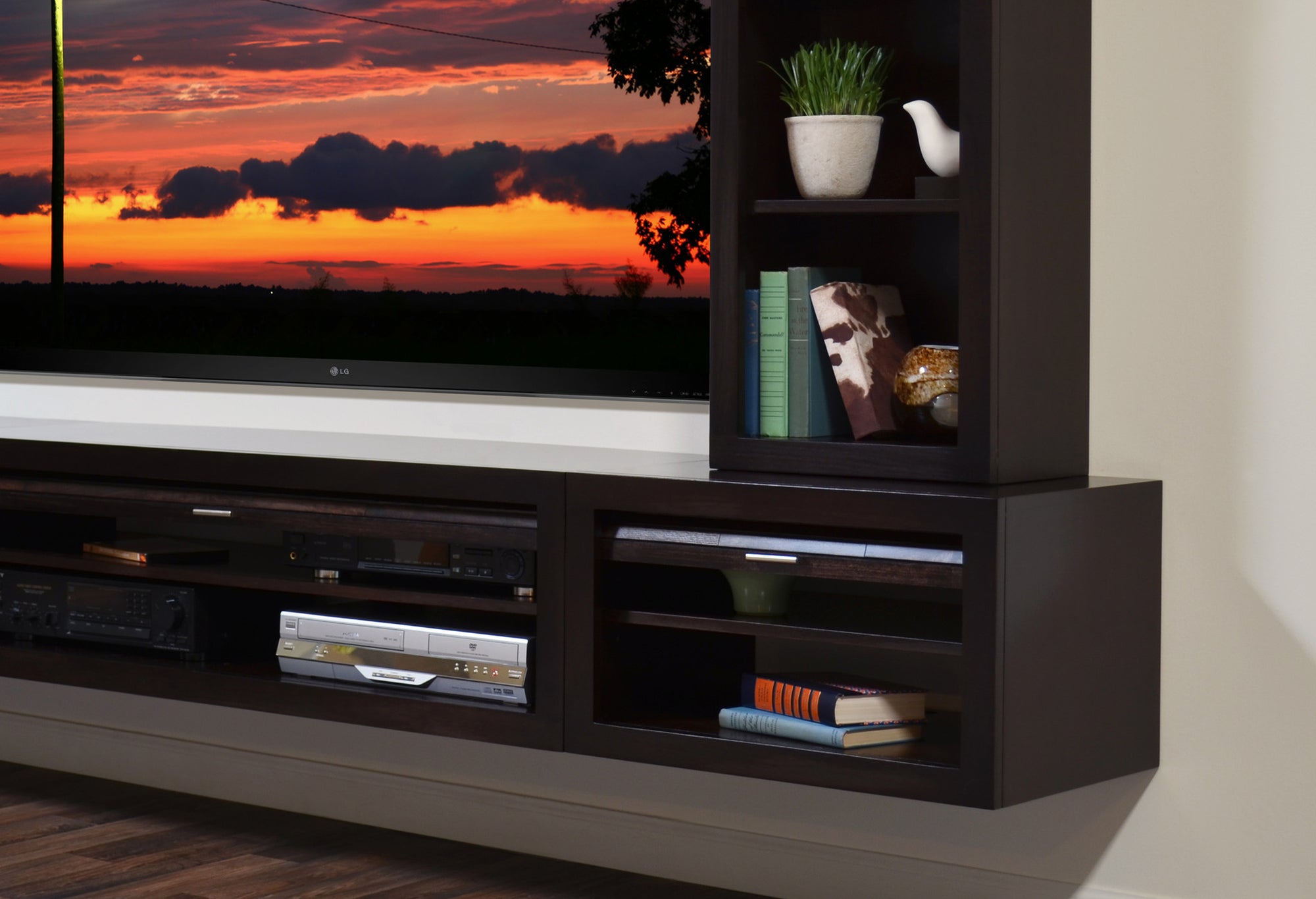 Floating Entertainment Center TV Stand Media Console With Bookcase - ECO GEO - Espresso