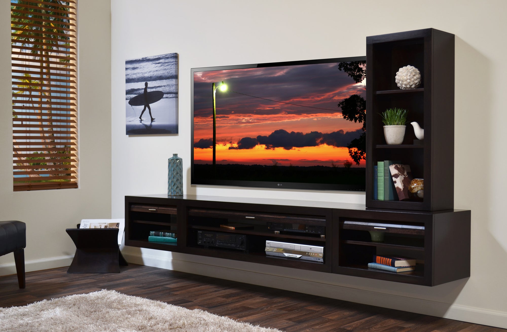 Floating Entertainment Center TV Stand Media Console With Bookcase - ECO GEO - Espresso
