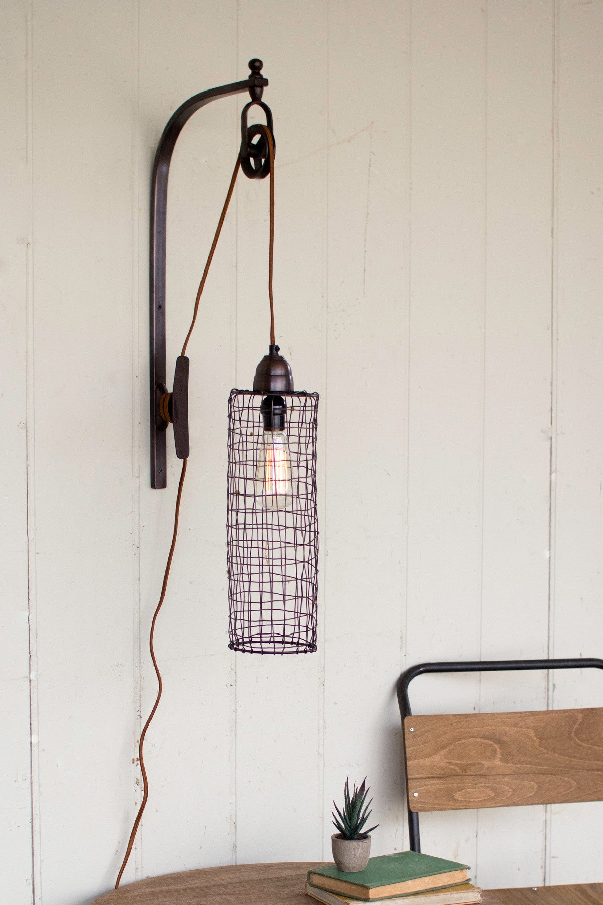 Industrial Modern Edison Cage and Pulley Plug In Wall Sconce