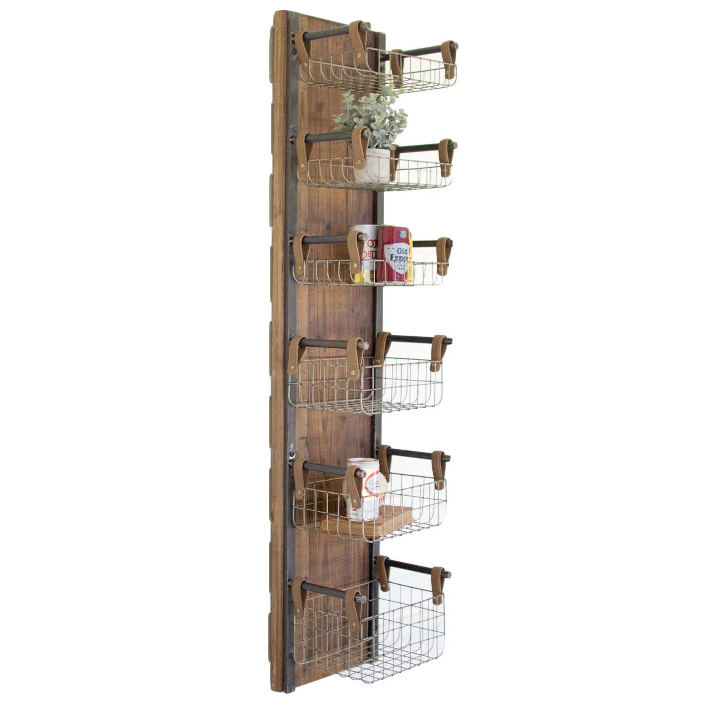 Recycled Wood & Metal Floating Wire Basket Wall Shelves