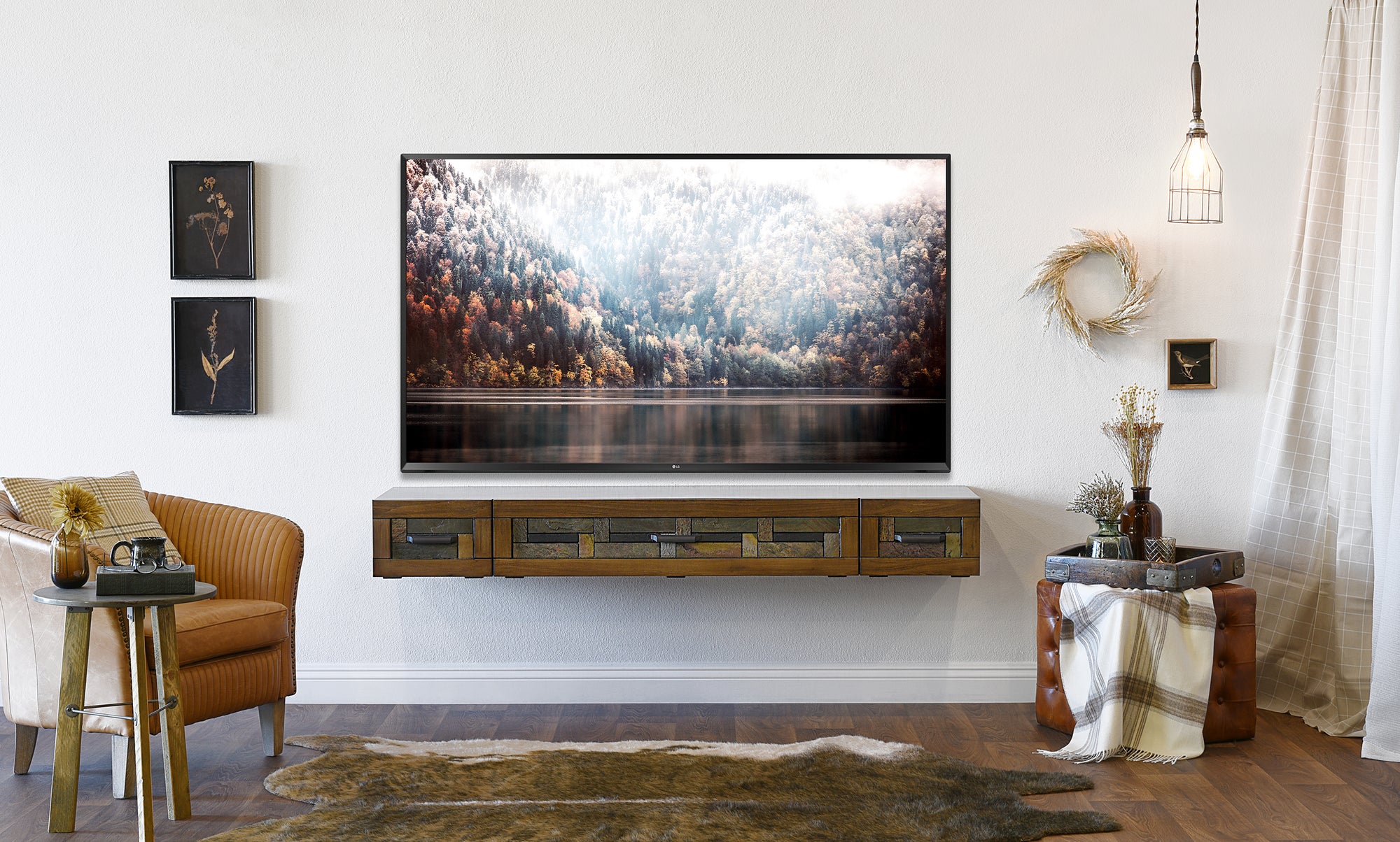 Handcrafted Wood & Stone Floating TV Stand Wall Mount Console - Woodstone - Spice