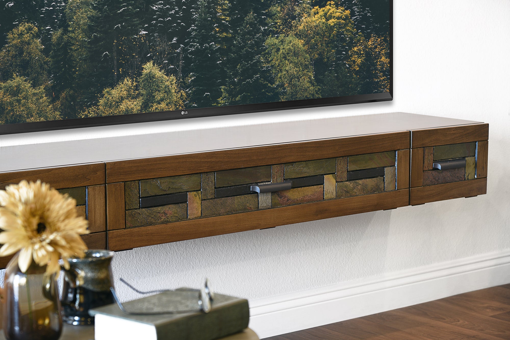 Handcrafted Wood & Stone Floating TV Stand Wall Mount Console - Woodstone - Spice