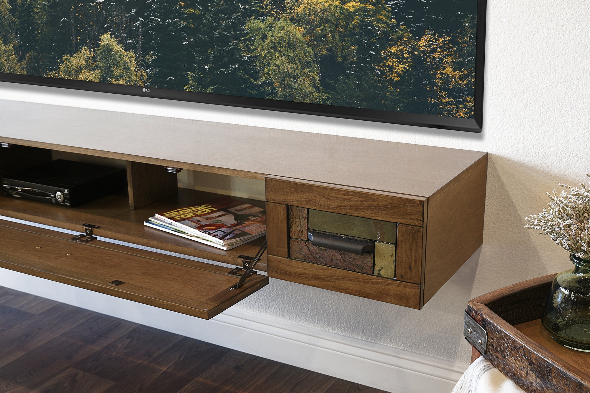 Handcrafted Wood & Stone Floating TV Stand Wall Mount Console - Woodstone - Spice