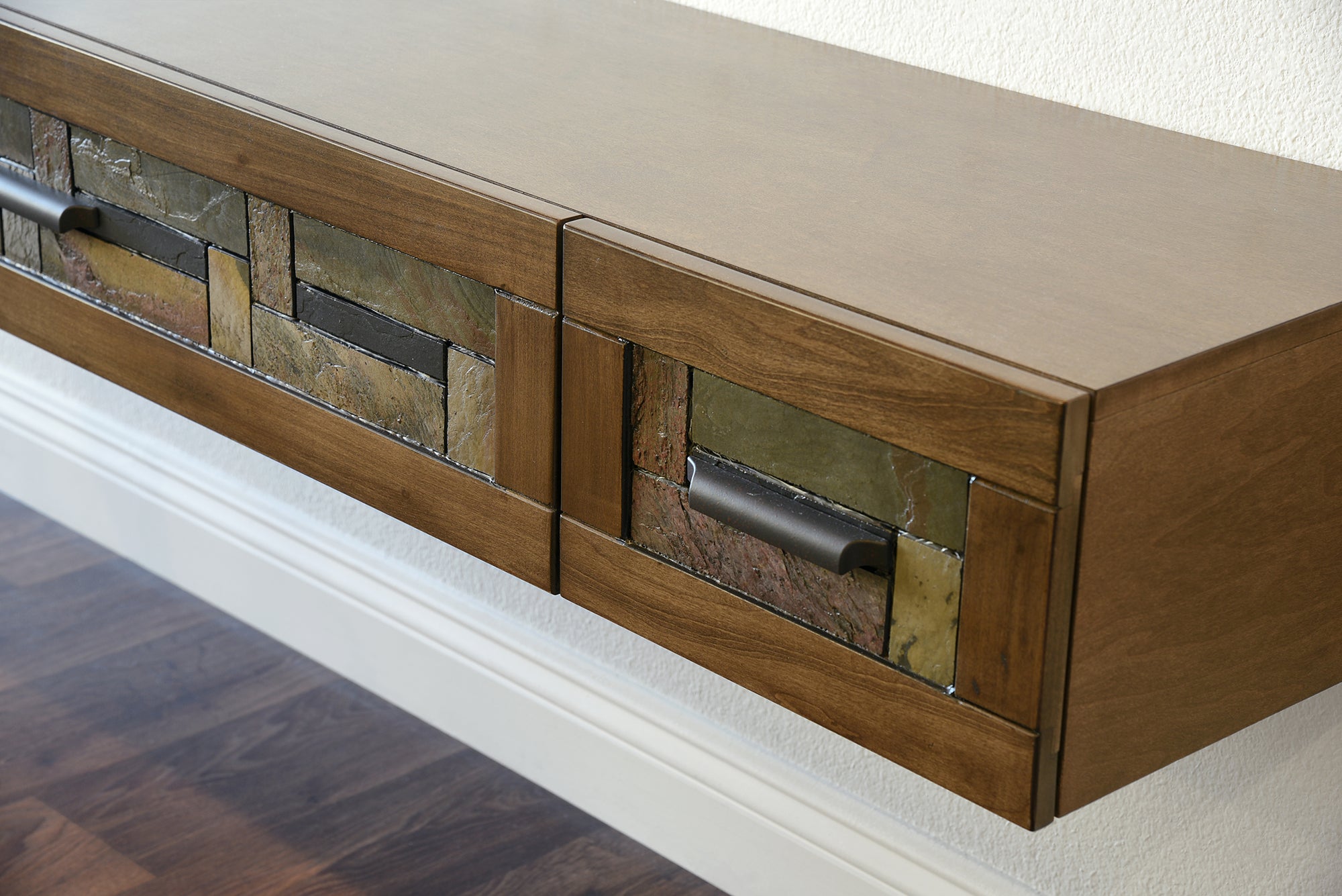 Handcrafted Wood & Stone Floating TV Stand Wall Mount Console - Woodstone - Spice