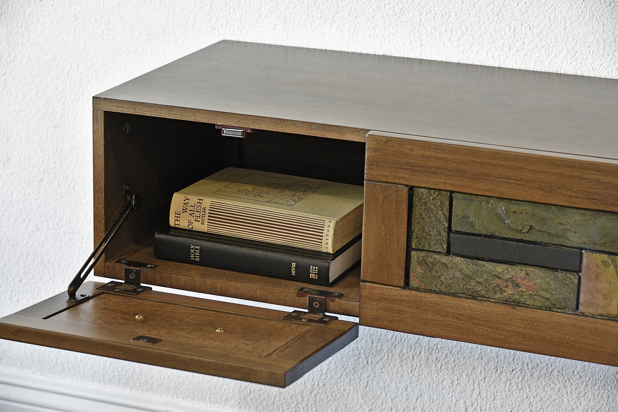 Handcrafted Wood & Stone Floating TV Stand Wall Mount Console - Woodstone - Spice