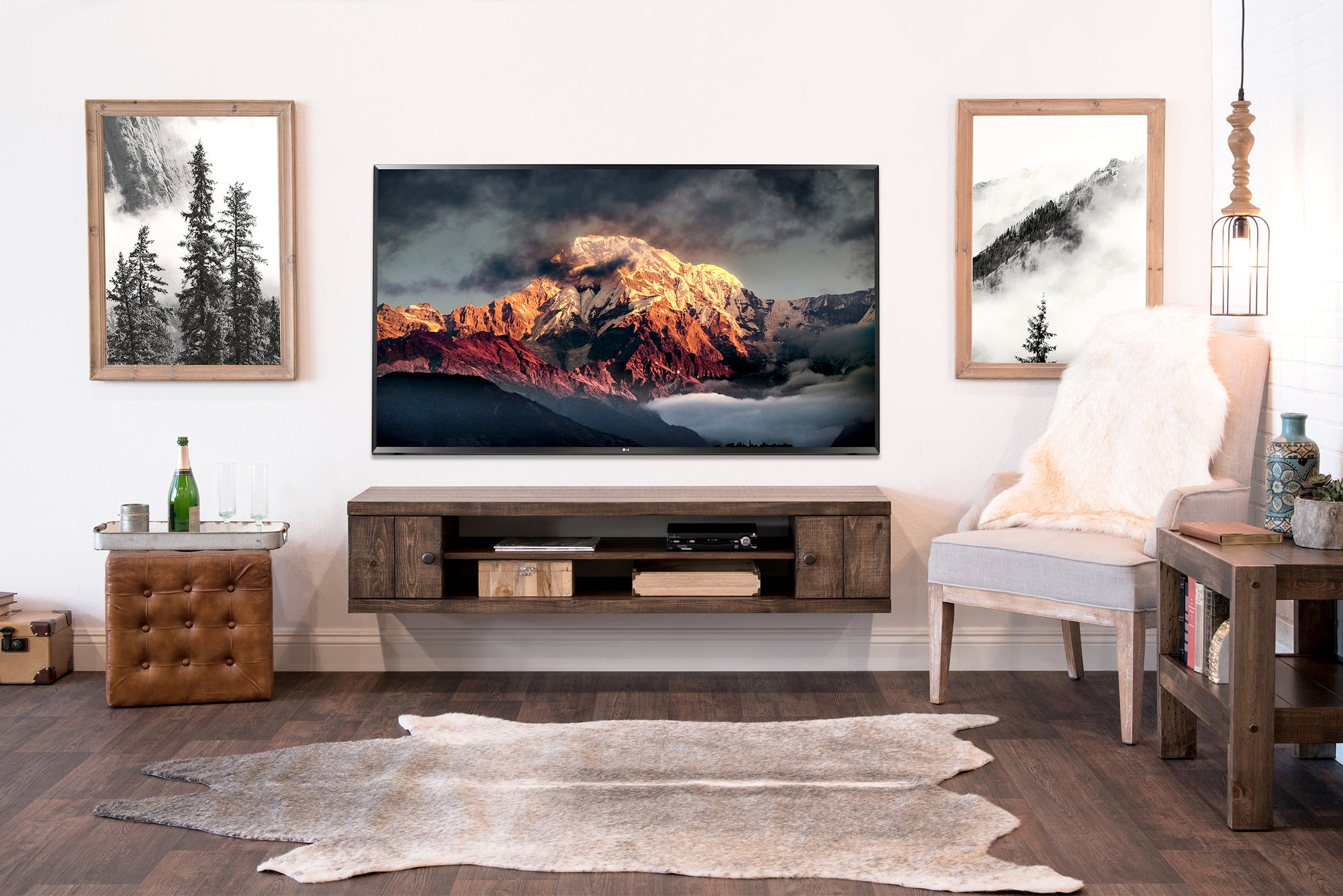 Rustic Wood Floating TV Stand Wall Mount Entertainment Center Console - Farmhouse - Spice