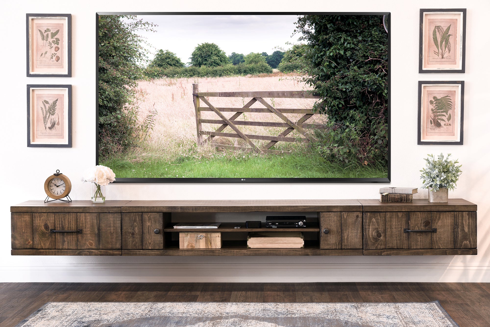 Rustic Wood 114" Floating TV Stand Wall Mount Entertainment Center - Farmhouse - Spice