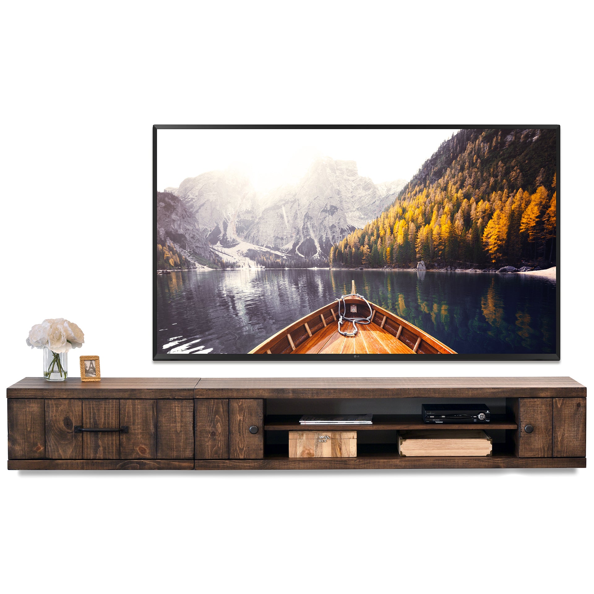 Floating TV Stand - Woodwaves - Rustic Wood Floating Entertainment Center - Farmhouse Collection - Spice