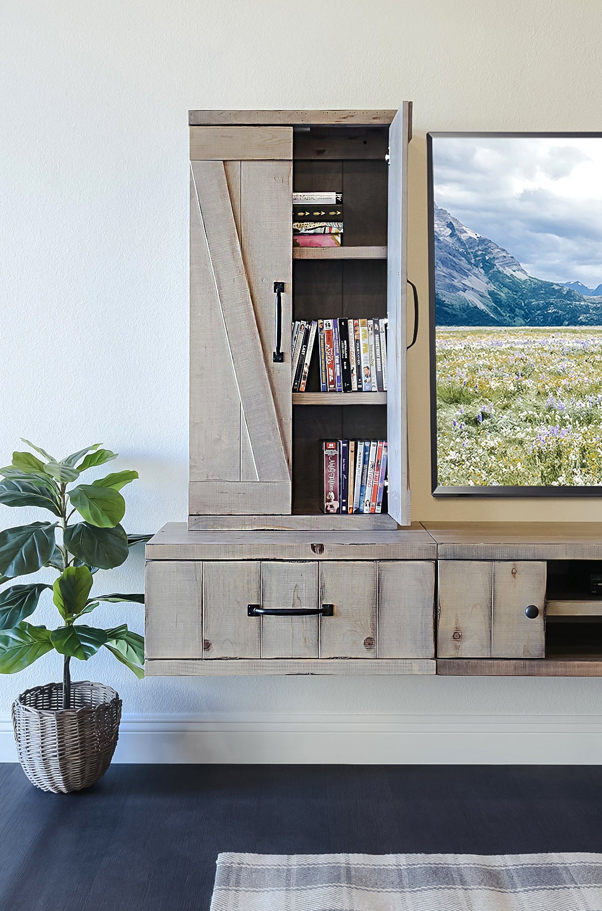 Floating Bookshelf Set - Woodwaves - Rustic Wood Wall Mount Storage Bookcases - Farmhouse Collection - Lakewood Gray