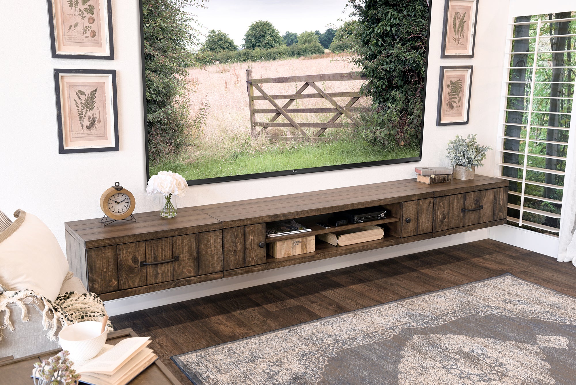 Floating TV Stand - Woodwaves - Rustic Floating Entertainment Center - Farmhouse Collection - Spice
