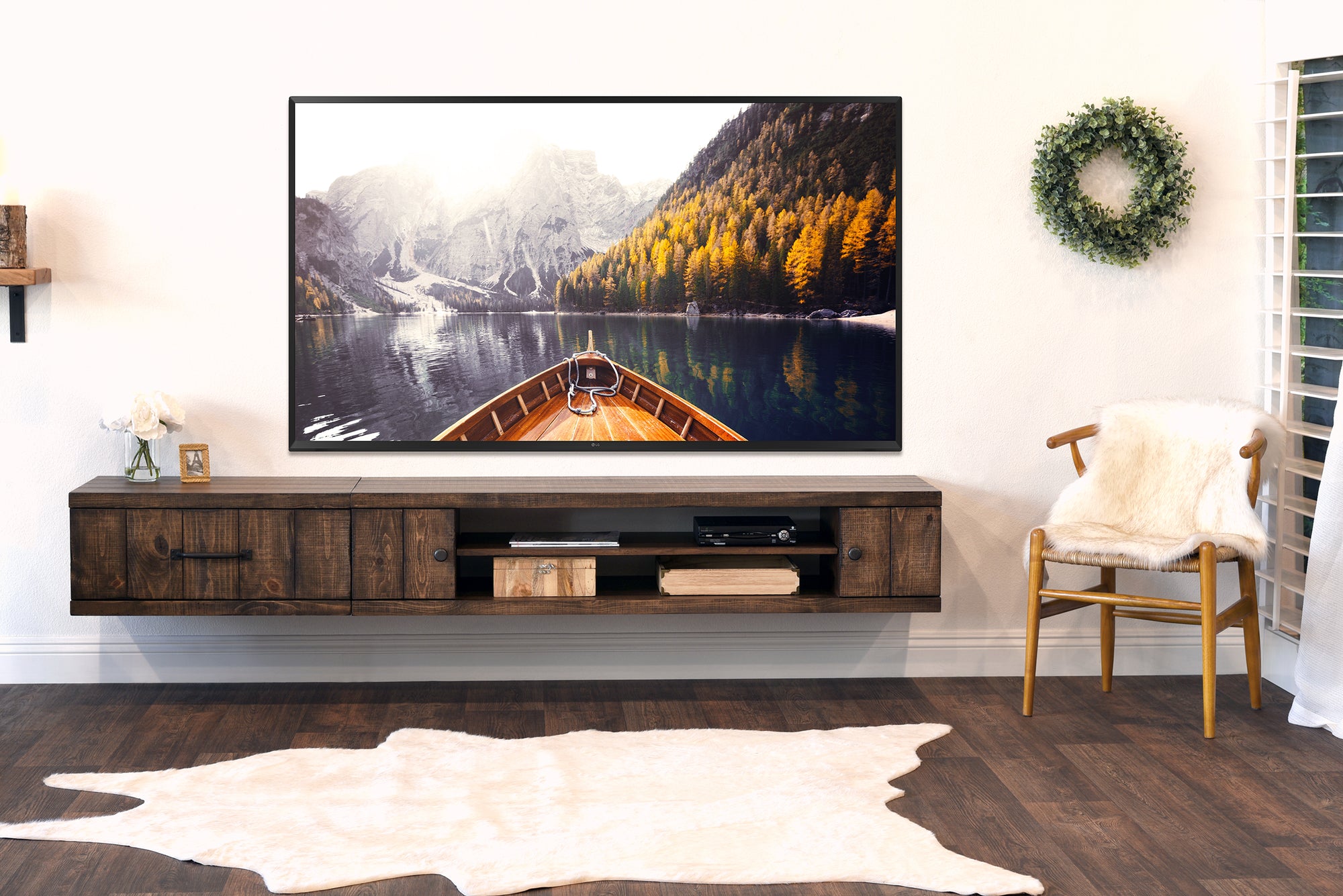 Floating TV Stand - Woodwaves - Rustic Wood Floating Entertainment Center - Farmhouse Collection - Spice