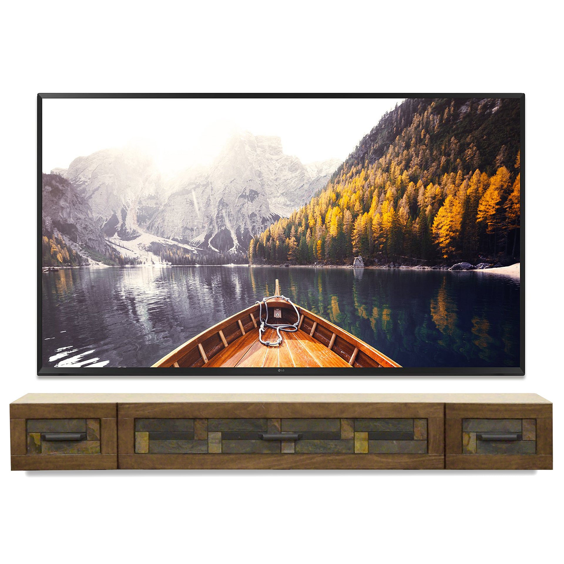 Handcrafted Wood & Stone Floating TV Stand Wall Mount Console - Woodstone - Spice