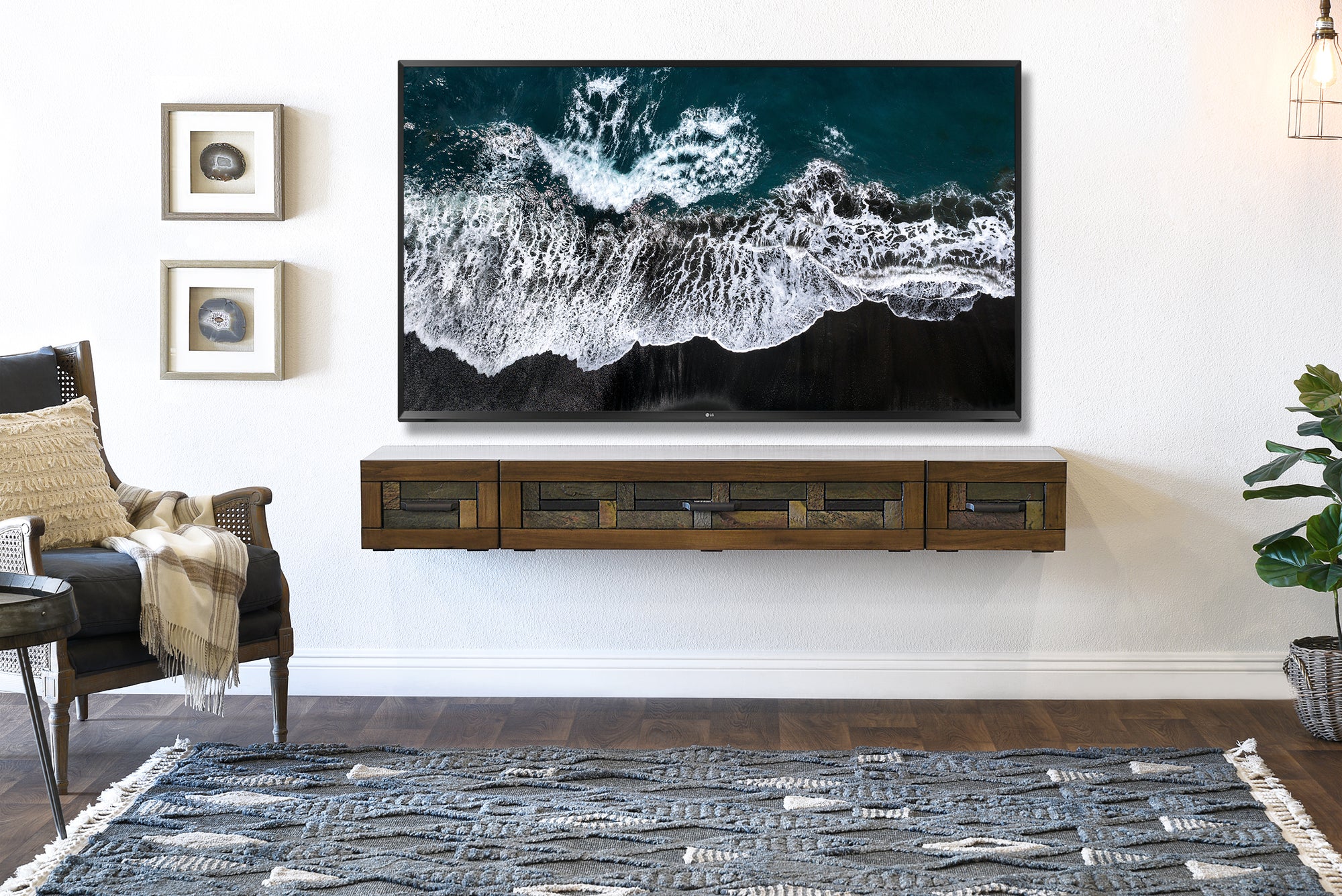 Handcrafted Wood & Stone Floating TV Stand Wall Mount Console - Woodstone - Spice