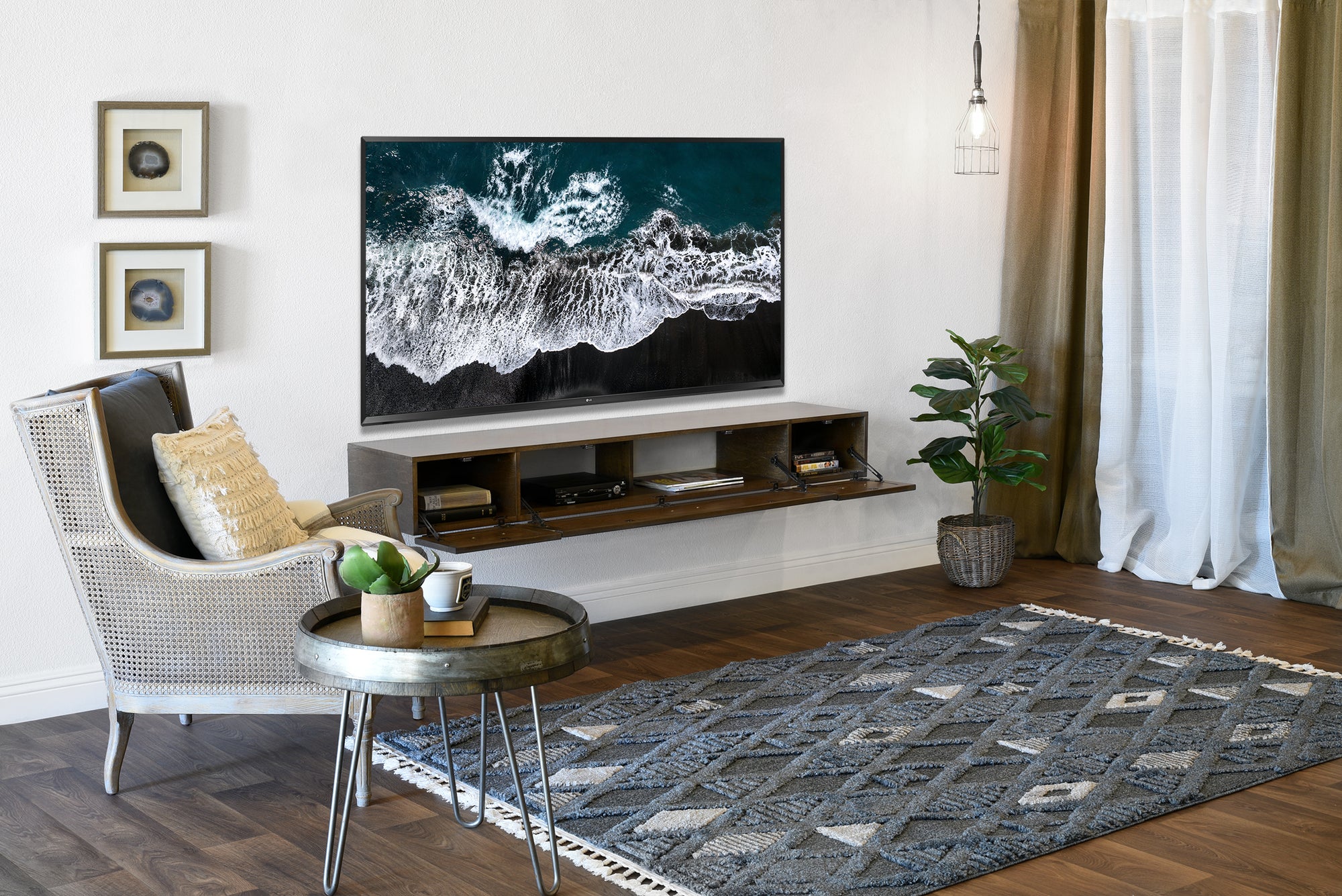 Handcrafted Wood & Stone Floating TV Stand Wall Mount Console - Woodstone - Spice