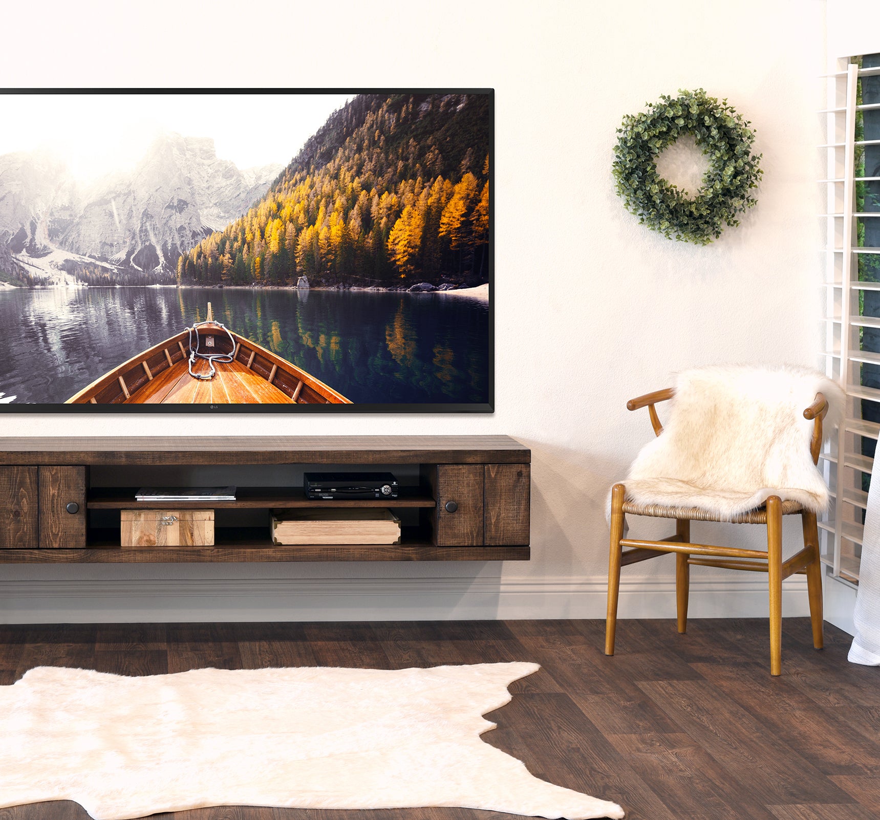 Floating TV Stand - Woodwaves - Rustic Wood Floating Entertainment Center Console - Farmhouse Collection - Spice