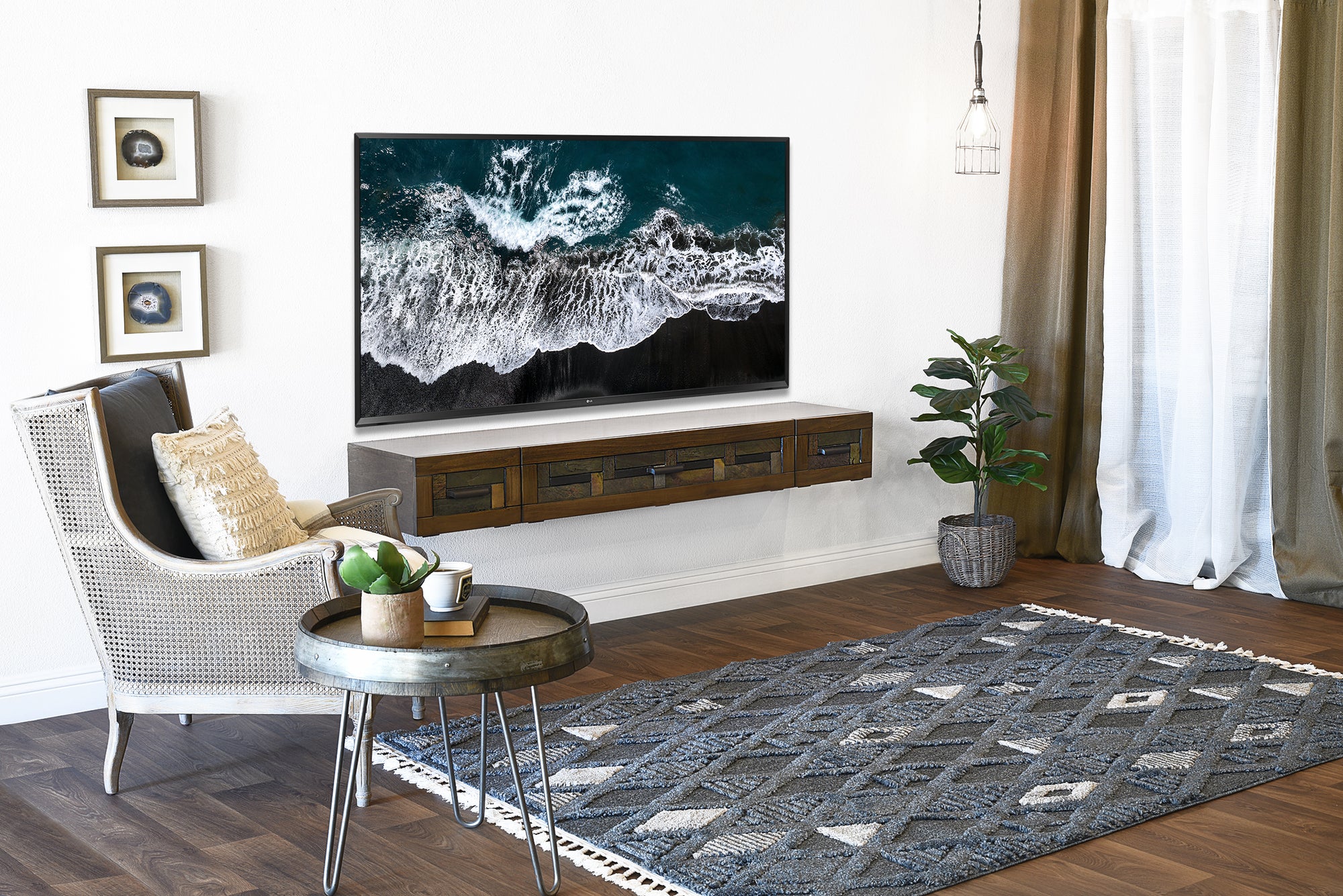 Handcrafted Wood & Stone Floating TV Stand Wall Mount Console - Woodstone - Spice